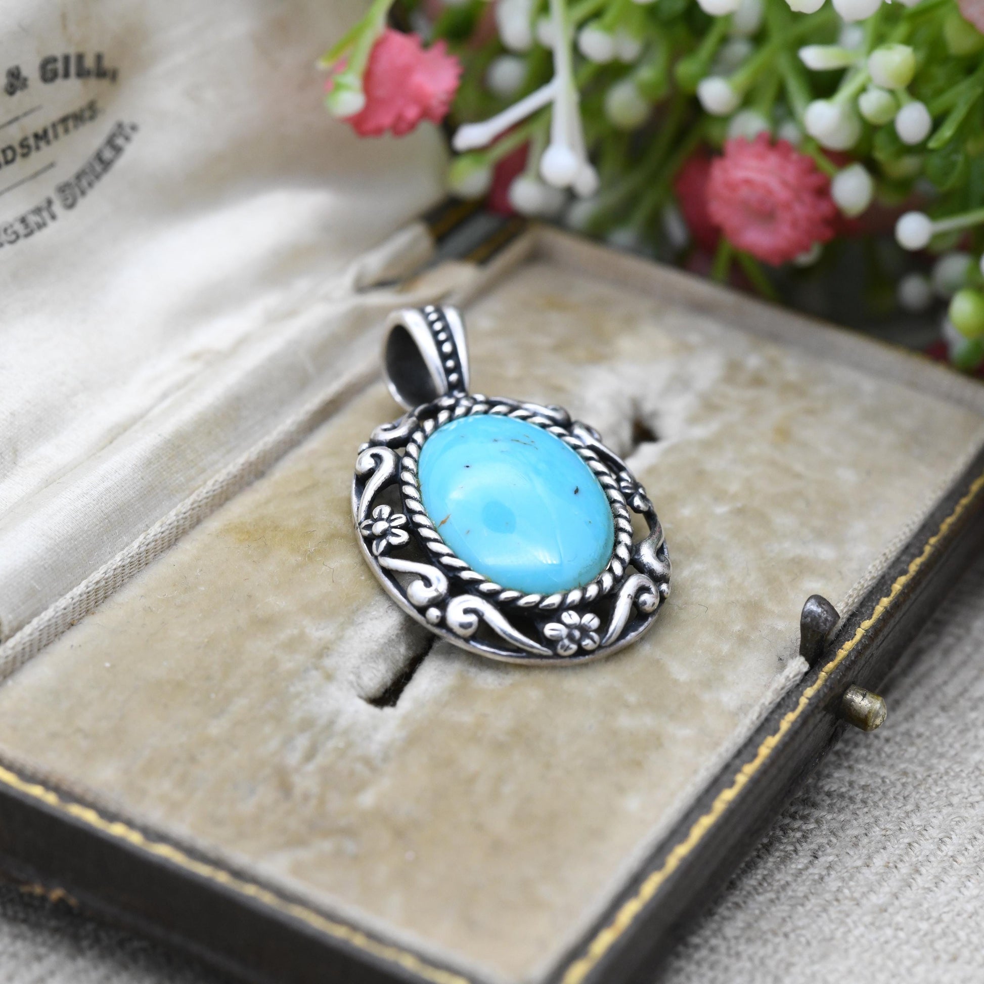 Carolyn Pollack Sterling Silver Turquoise Pendant Relios - Cabochon Large Blue Stone with Flower Border