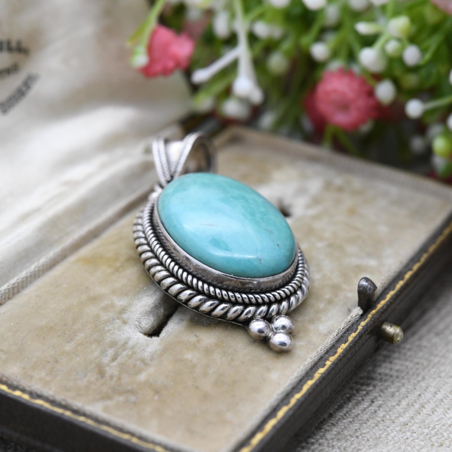 Suarti Sterling Silver Turquoise QVC Pendant - Cabochon Large Blue Stone with Rope Twist Surround | Gift for Pendant Necklace