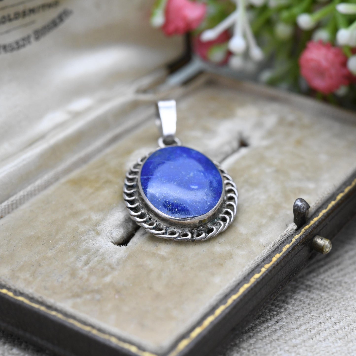 Vintage Sterling Silver Lapis Lazuli Pendant with Openwork Border Design - Blue and Gold Gemstone | Wirework | Gift for Pendant Necklace