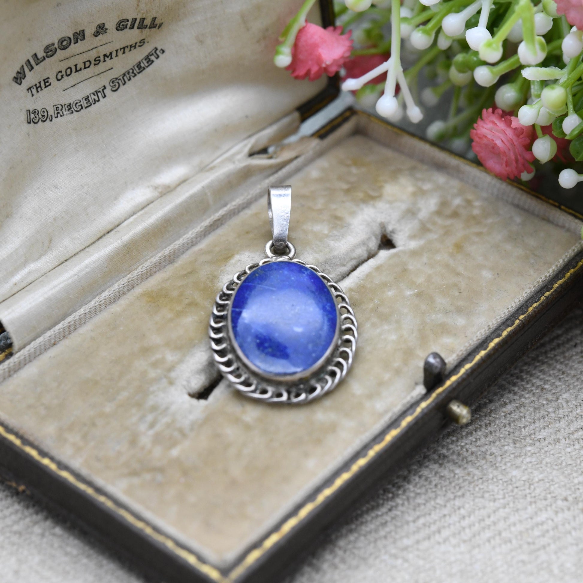 Vintage Sterling Silver Lapis Lazuli Pendant with Openwork Border Design - Blue and Gold Gemstone | Wirework | Gift for Pendant Necklace