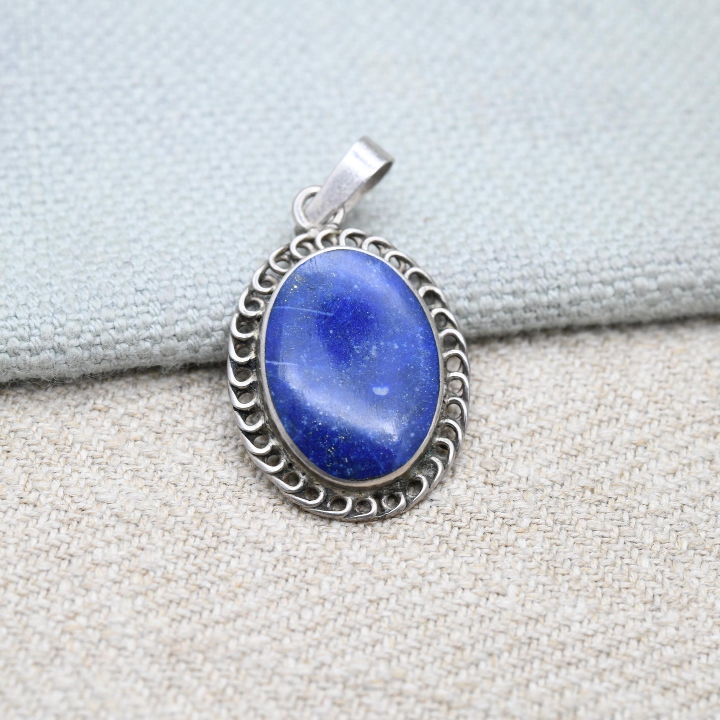 Vintage Sterling Silver Lapis Lazuli Pendant with Openwork Border Design - Blue and Gold Gemstone | Wirework | Gift for Pendant Necklace