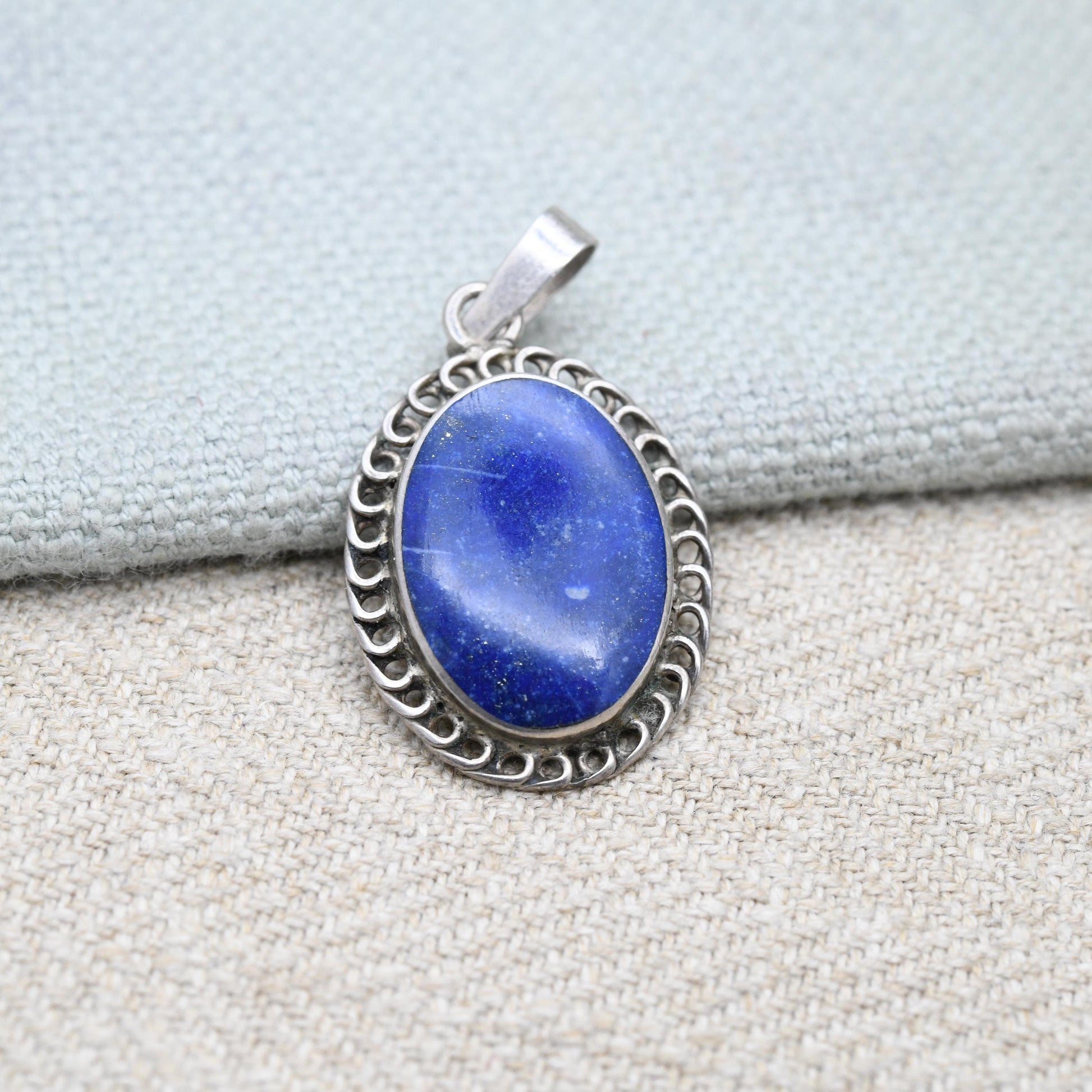 Vintage Sterling Silver Lapis Lazuli Pendant with Openwork Border Design - Blue and Gold Gemstone | Wirework | Gift for Pendant Necklace