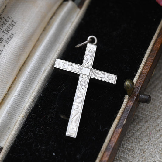 Vintage Sterling Silver Cross Pendant - Etching Design | Mid-Century Minimal Design Christian Pendant | Gift