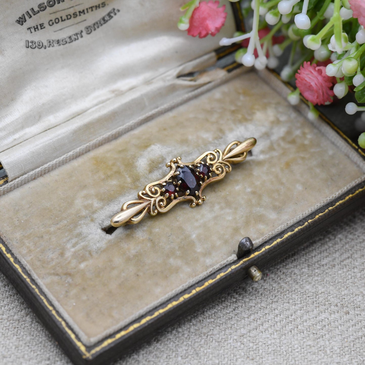 Antique 9ct Gold Garnet Bar Brooch - 1989 | Edwardian Solid Gold Jewellery | Pretty Floral Gift | Faceted Red Gemstone