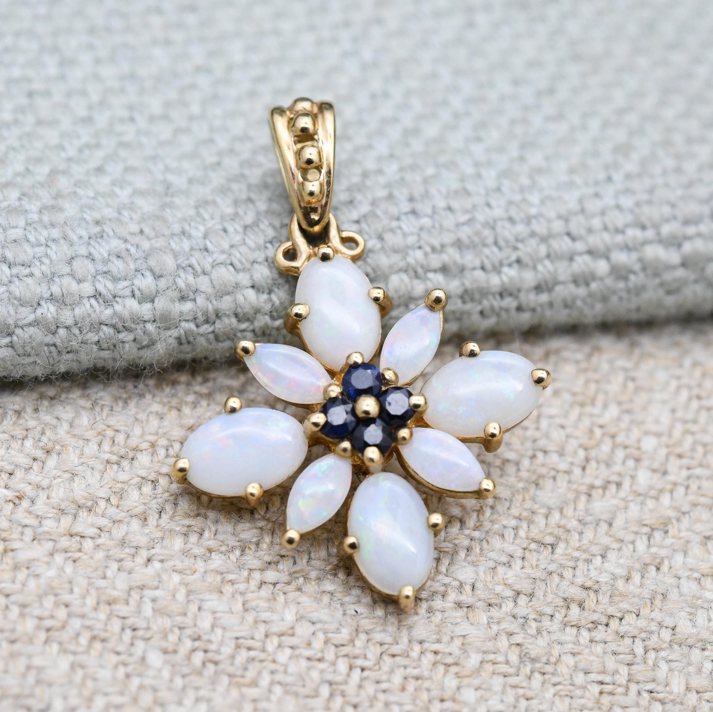 Vintage 9ct Gold Opal Sapphire Flower Pendant - QVC | Floral Cluster | Solid Gold Charm | Pretty Gift for Her