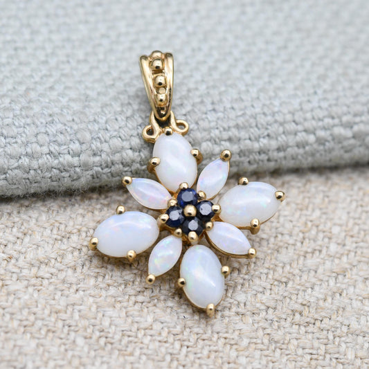 Vintage 9ct Gold Opal Sapphire Flower Pendant - QVC | Floral Cluster | Solid Gold Charm | Pretty Gift for Her