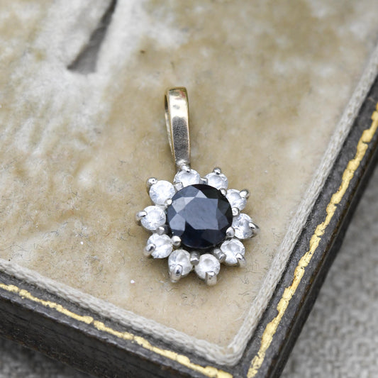 Vintage 9ct Gold Sapphire Cluster Pendant - Mid-Century Miniature Sparkly Charm | Pretty Solid Gold Gift for Her