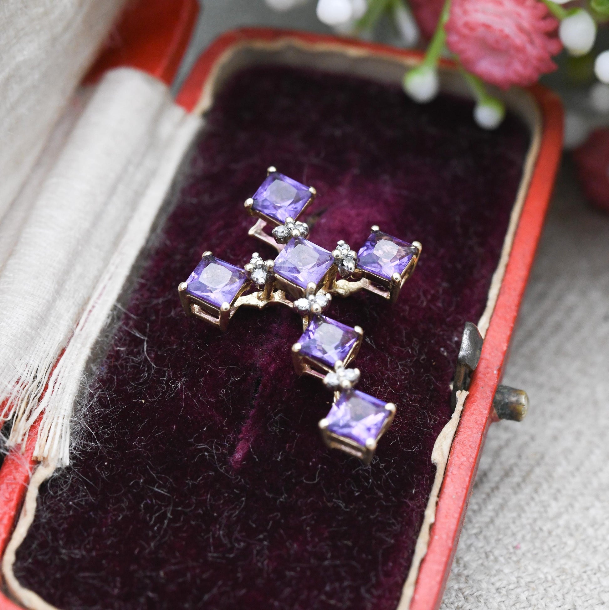 9ct Gold Amethyst and Diamond Cross Pendant - QVC | Religious Pendant | Pretty Gold Gift for Her