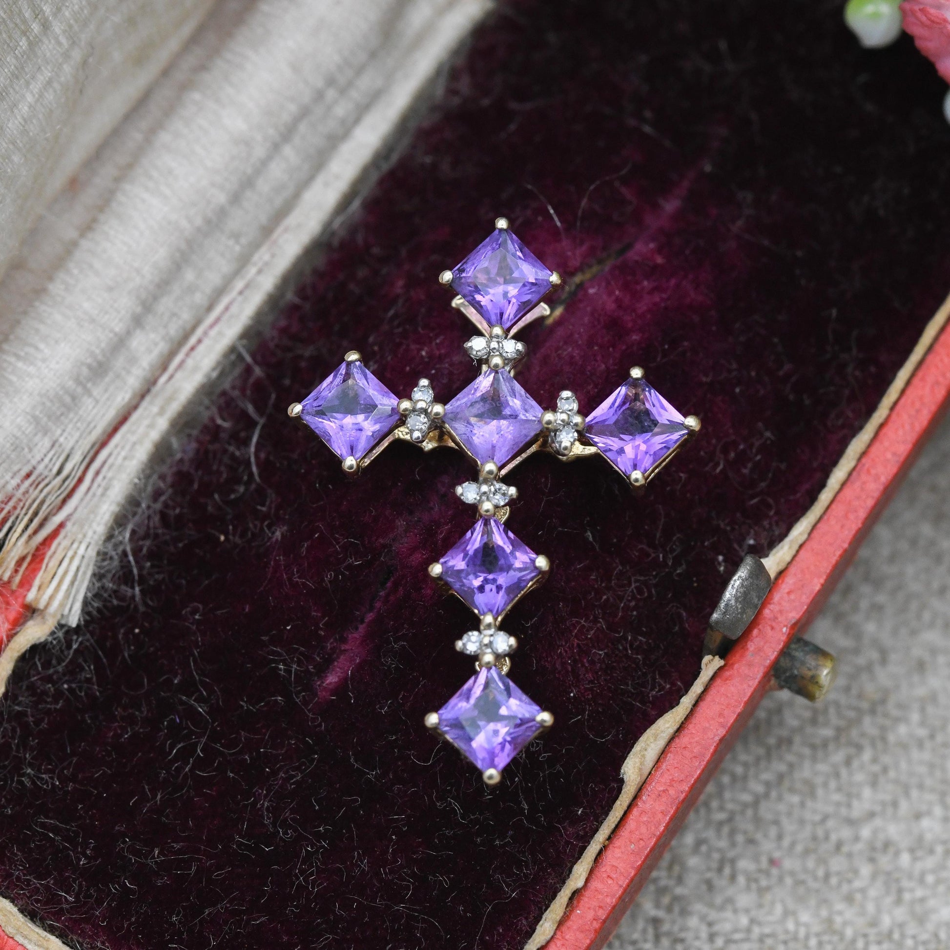 9ct Gold Amethyst and Diamond Cross Pendant - QVC | Religious Pendant | Pretty Gold Gift for Her