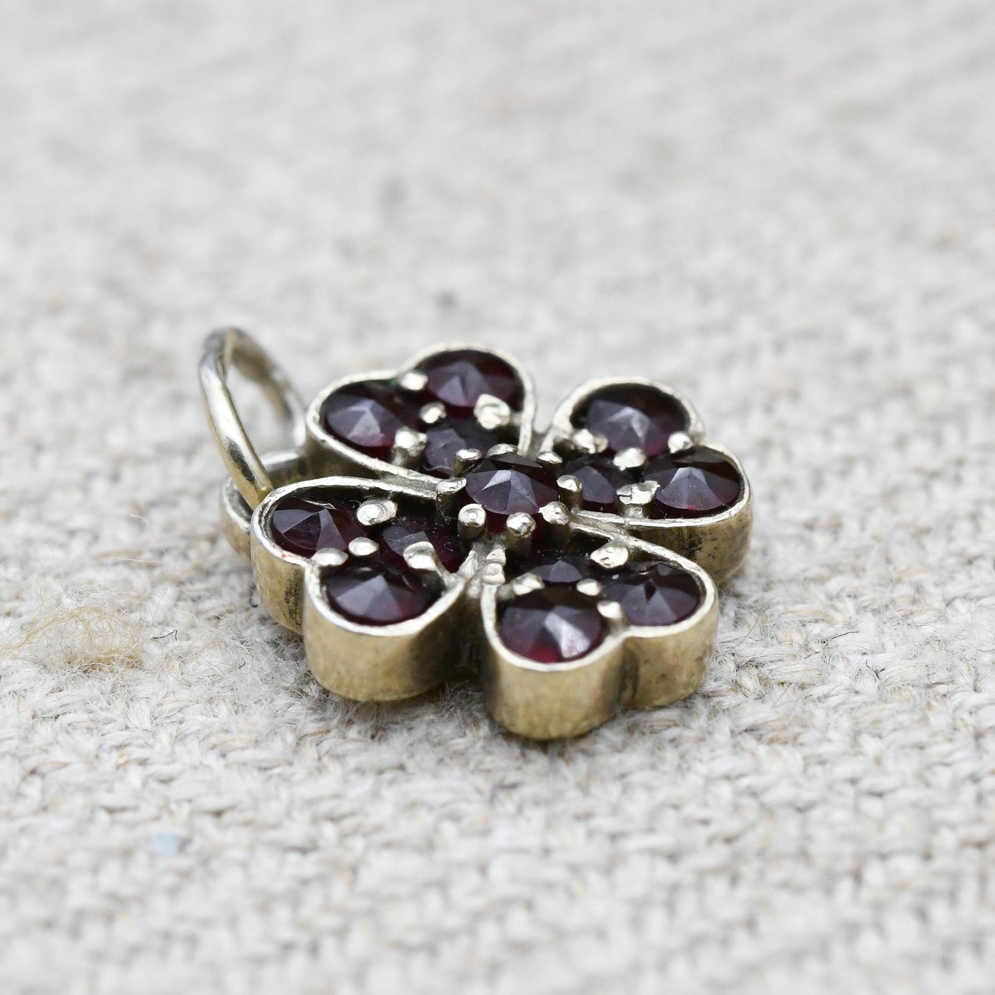 Vintage Silver Gilt Red Garnet Pendant - Miniature Shamrock Charm with Red Stone | Celtic | Irish | Gift for Pendant Charm Necklace