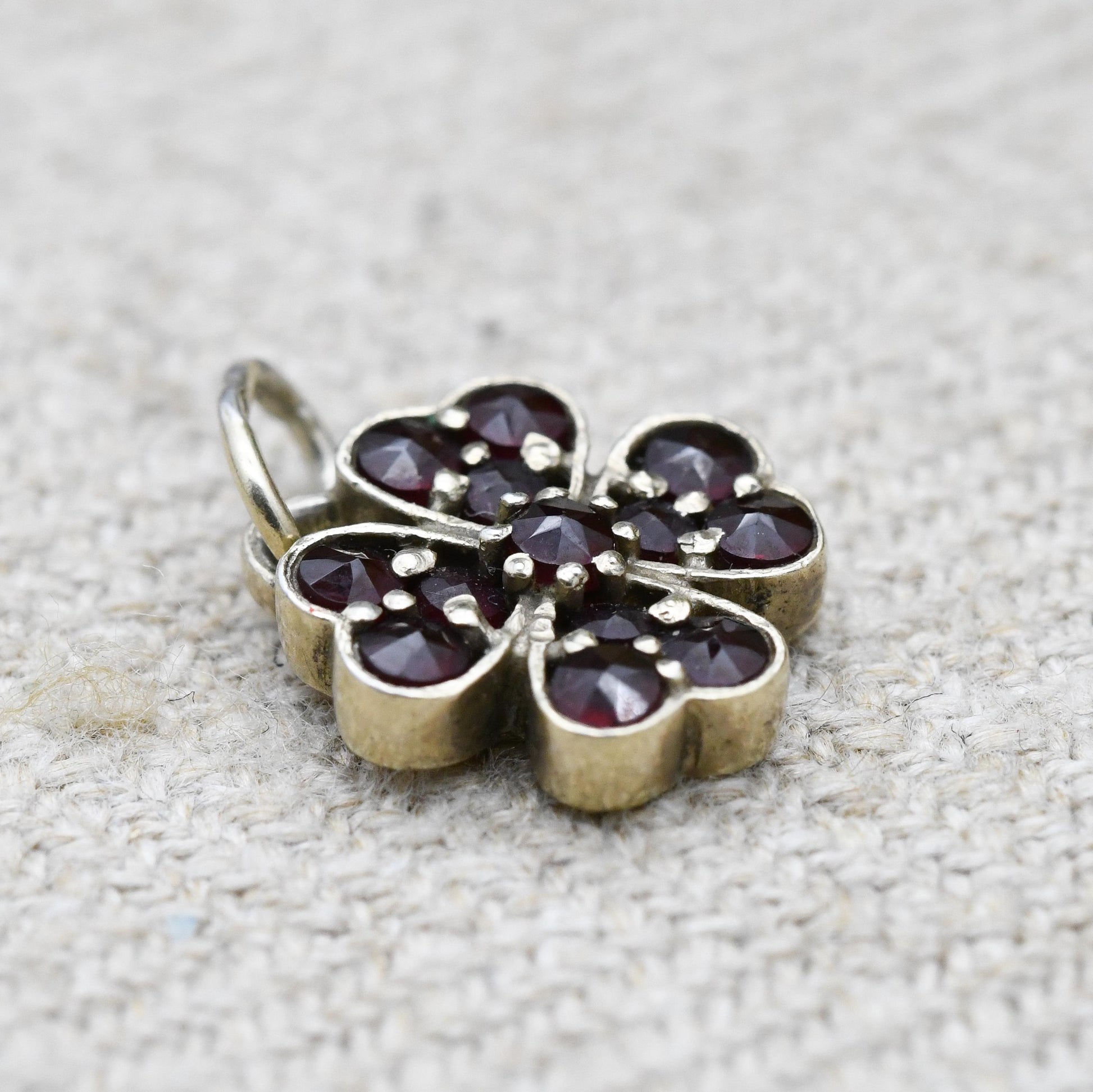 Vintage Silver Gilt Red Garnet Pendant - Miniature Shamrock Charm with Red Stone | Celtic | Irish | Gift for Pendant Charm Necklace