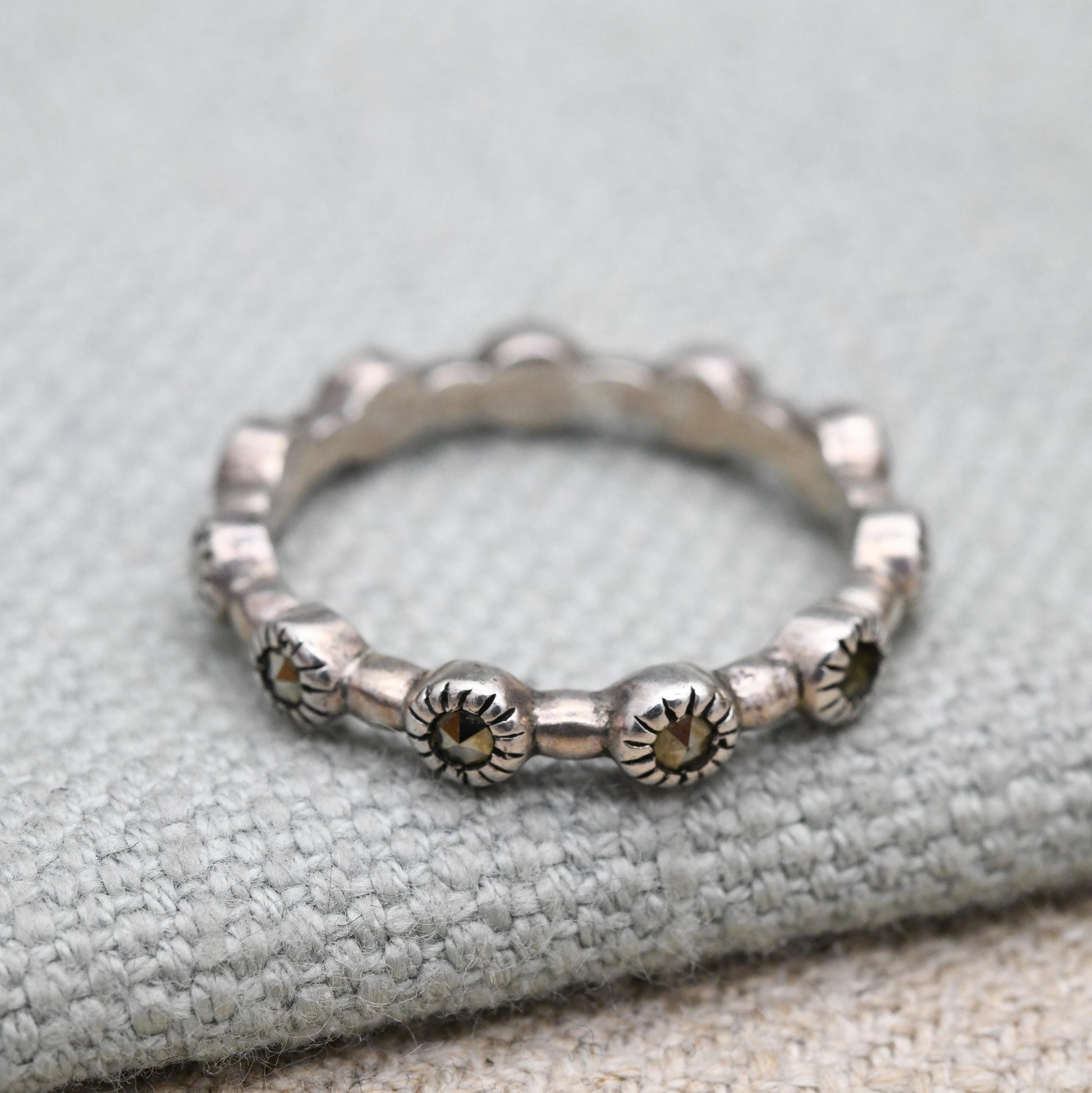 Vintage Sterling Silver Eternity Marcasite Ring - Bar Spaced Faceted Stone Cut | UK Size - S | US Size - 9 1/2