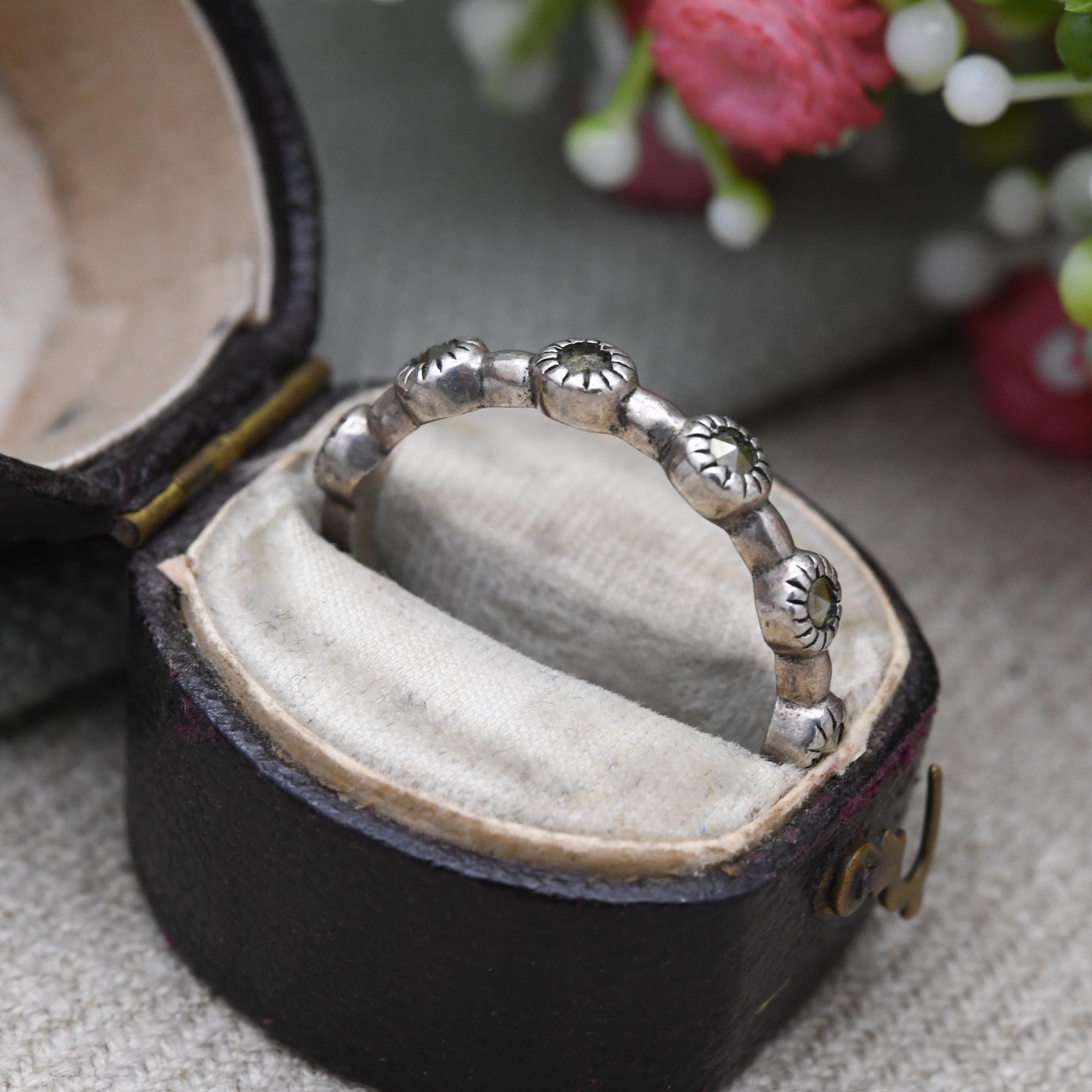 Vintage Sterling Silver Eternity Marcasite Ring - Bar Spaced Faceted Stone Cut | UK Size - S | US Size - 9 1/2