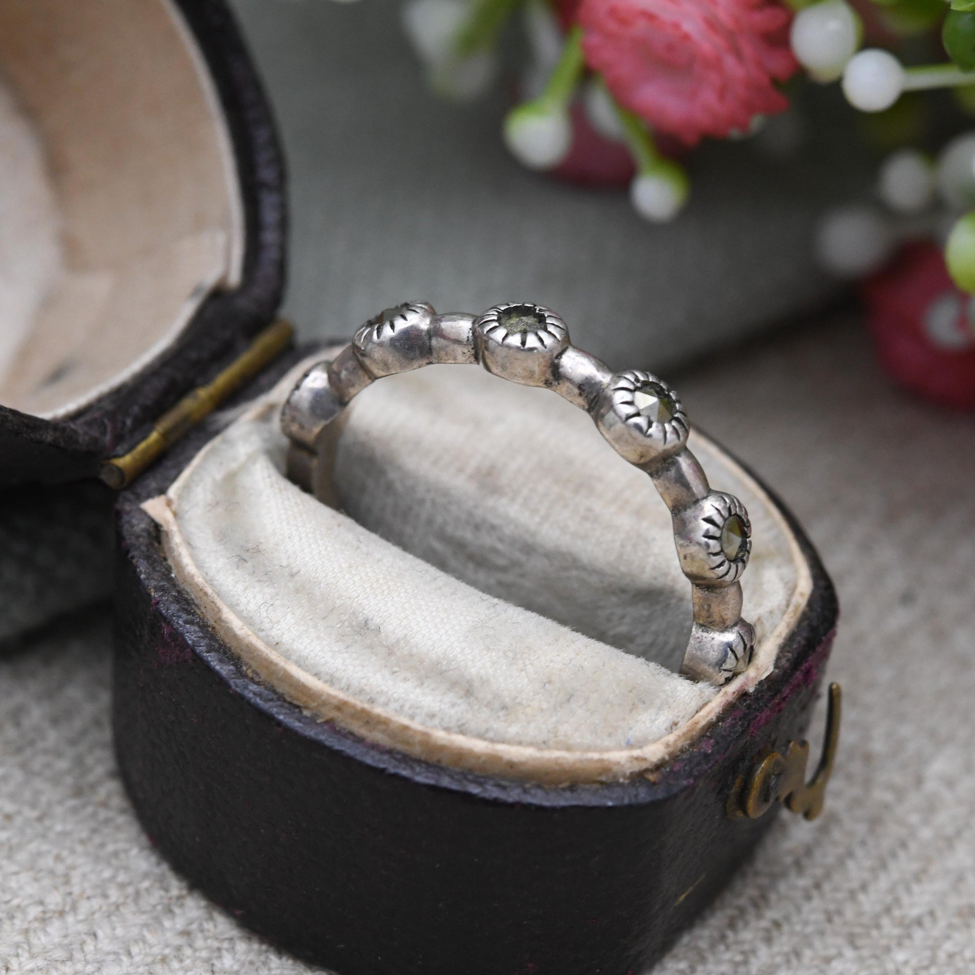 Vintage Sterling Silver Eternity Marcasite Ring - Bar Spaced Faceted Stone Cut | UK Size - S | US Size - 9 1/2
