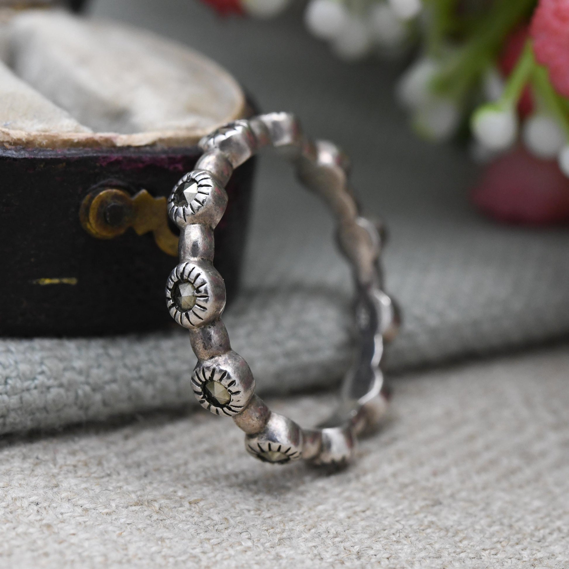 Vintage Sterling Silver Eternity Marcasite Ring - Bar Spaced Faceted Stone Cut | UK Size - S | US Size - 9 1/2