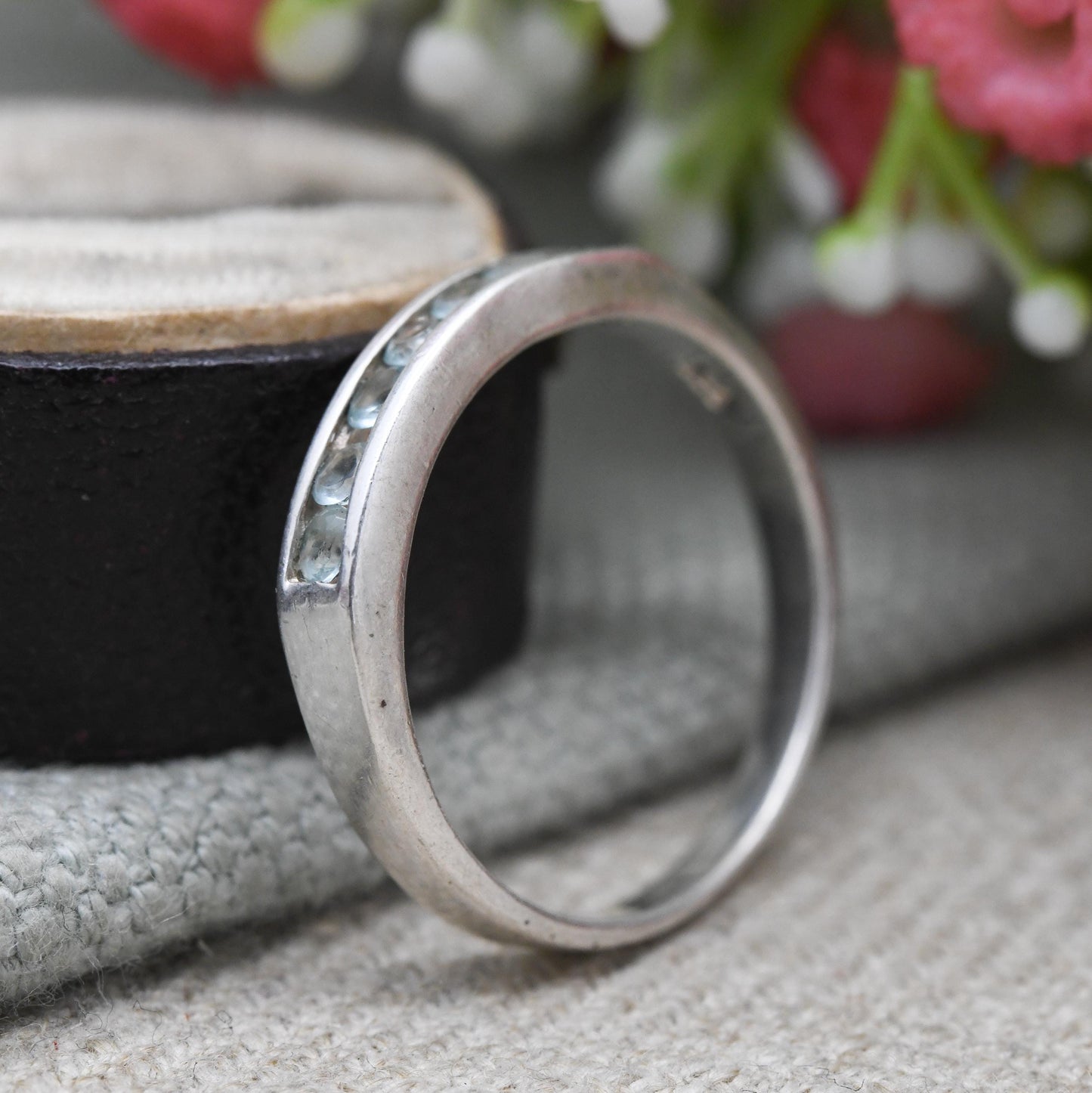 Sterling Silver Blue Stone Half Eternity Ring - Flush Channel | Placeholder | Stacking Band | UK Size - S 1/2 | US Size - 9 1/4