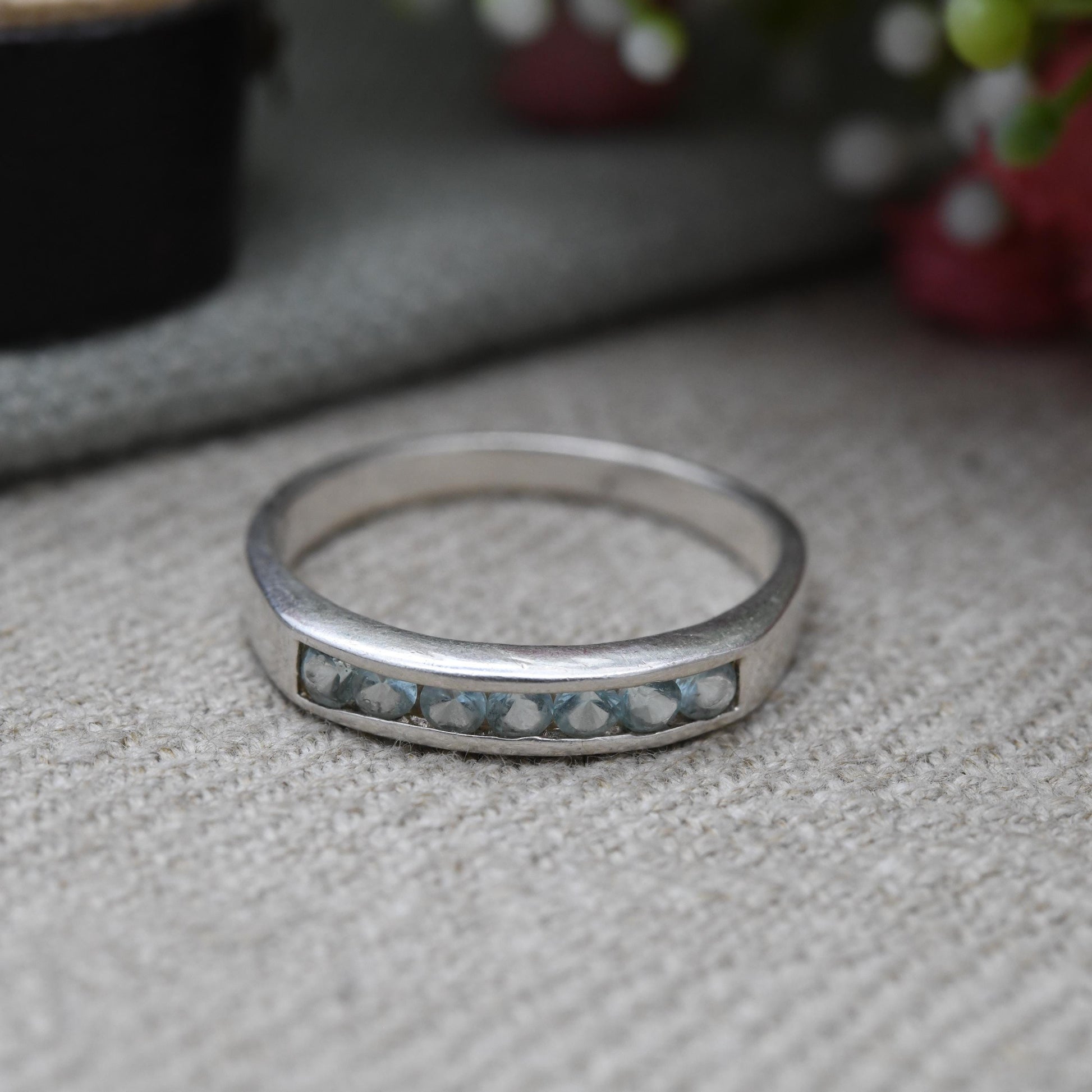 Sterling Silver Blue Stone Half Eternity Ring - Flush Channel | Placeholder | Stacking Band | UK Size - S 1/2 | US Size - 9 1/4