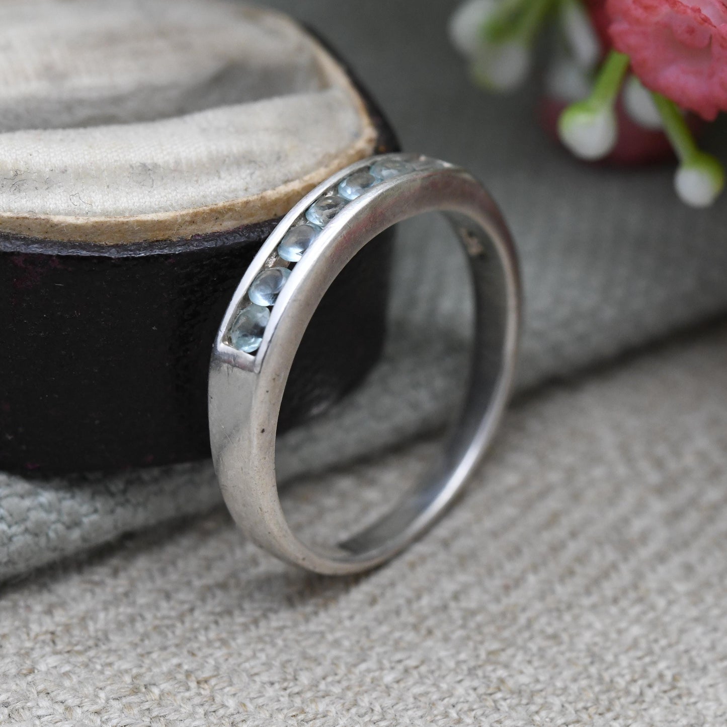 Sterling Silver Blue Stone Half Eternity Ring - Flush Channel | Placeholder | Stacking Band | UK Size - S 1/2 | US Size - 9 1/4