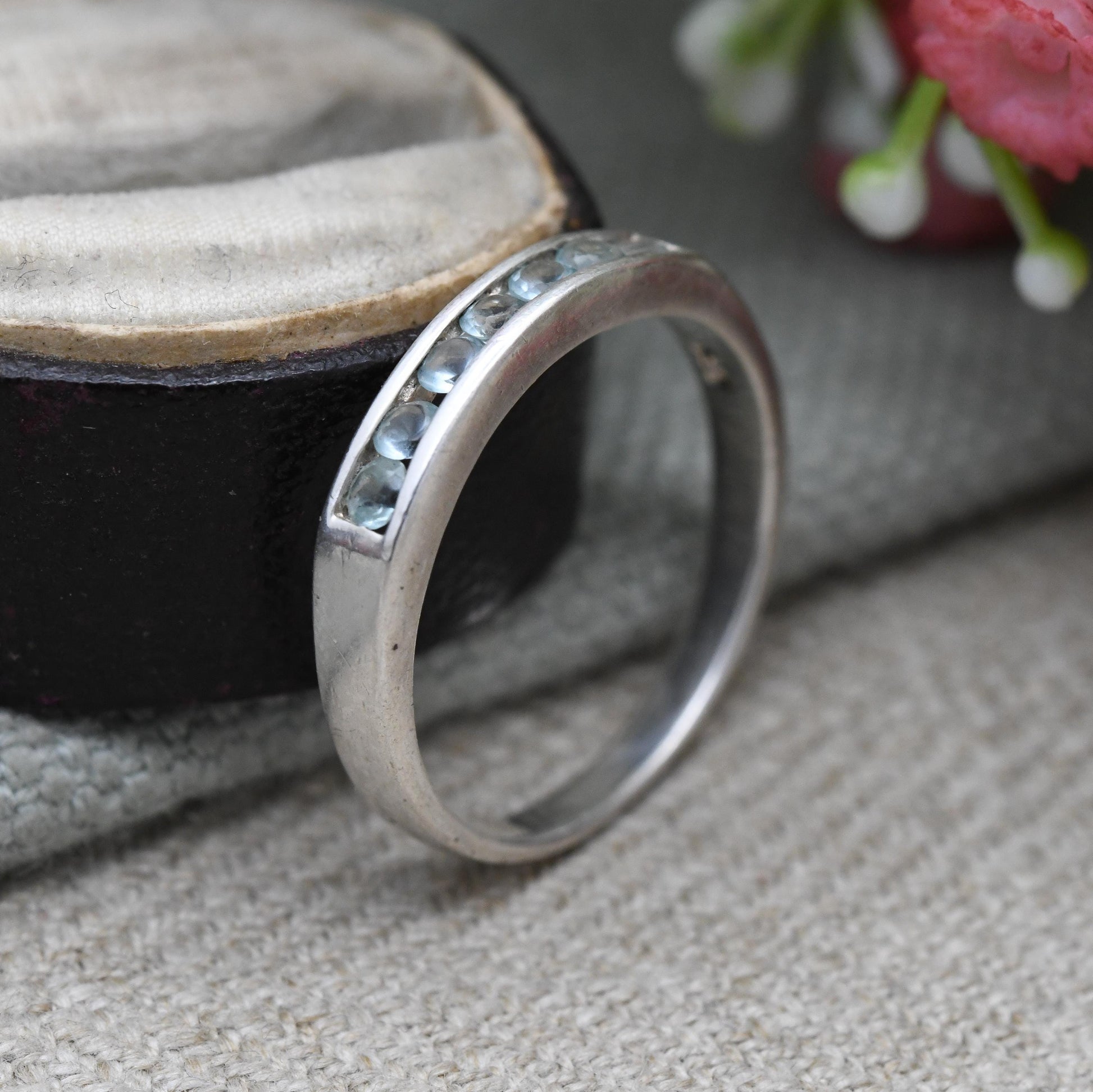Sterling Silver Blue Stone Half Eternity Ring - Flush Channel | Placeholder | Stacking Band | UK Size - S 1/2 | US Size - 9 1/4