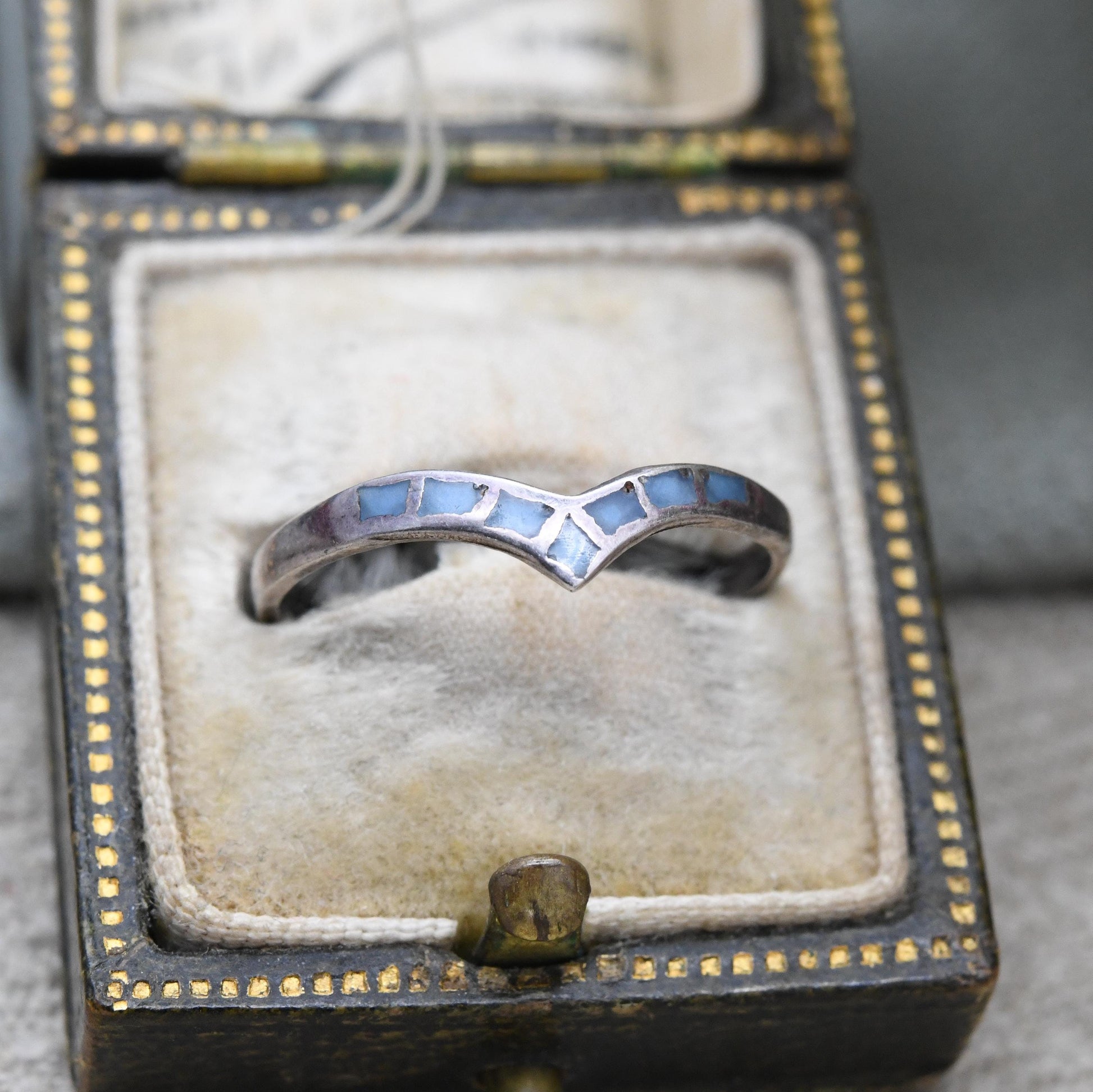 Vintage Sterling Silver Blue Stone Inlay Wishbone Ring - Southwestern Style | Everyday | UK Size - N | US Size - 7 3/4
