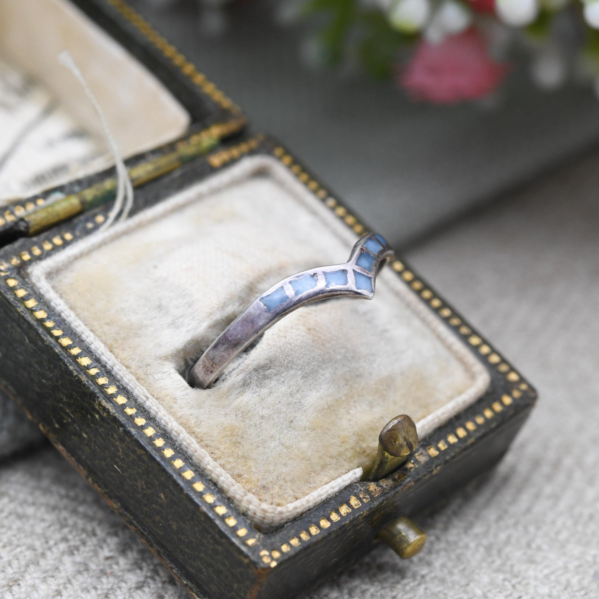 Vintage Sterling Silver Blue Stone Inlay Wishbone Ring - Southwestern Style | Everyday | UK Size - N | US Size - 7 3/4