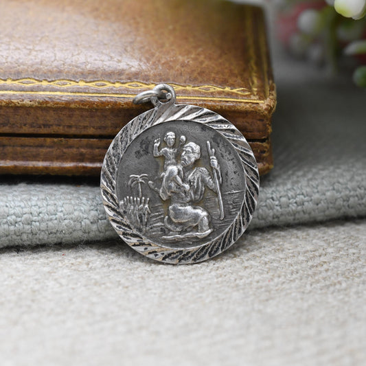 Vintage Sterling Silver St. Christopher Pendant - Embossed Relief | Circle Shape | Saint of Travelling | Religious Jewellery