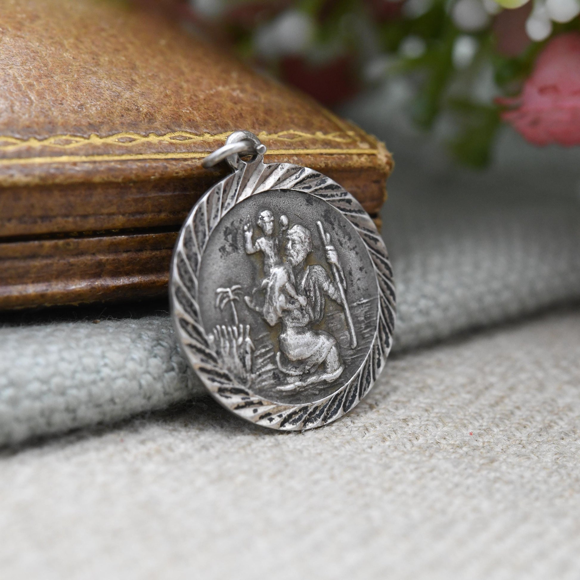 Vintage Sterling Silver St. Christopher Pendant - Embossed Relief | Circle Shape | Saint of Travelling | Religious Jewellery