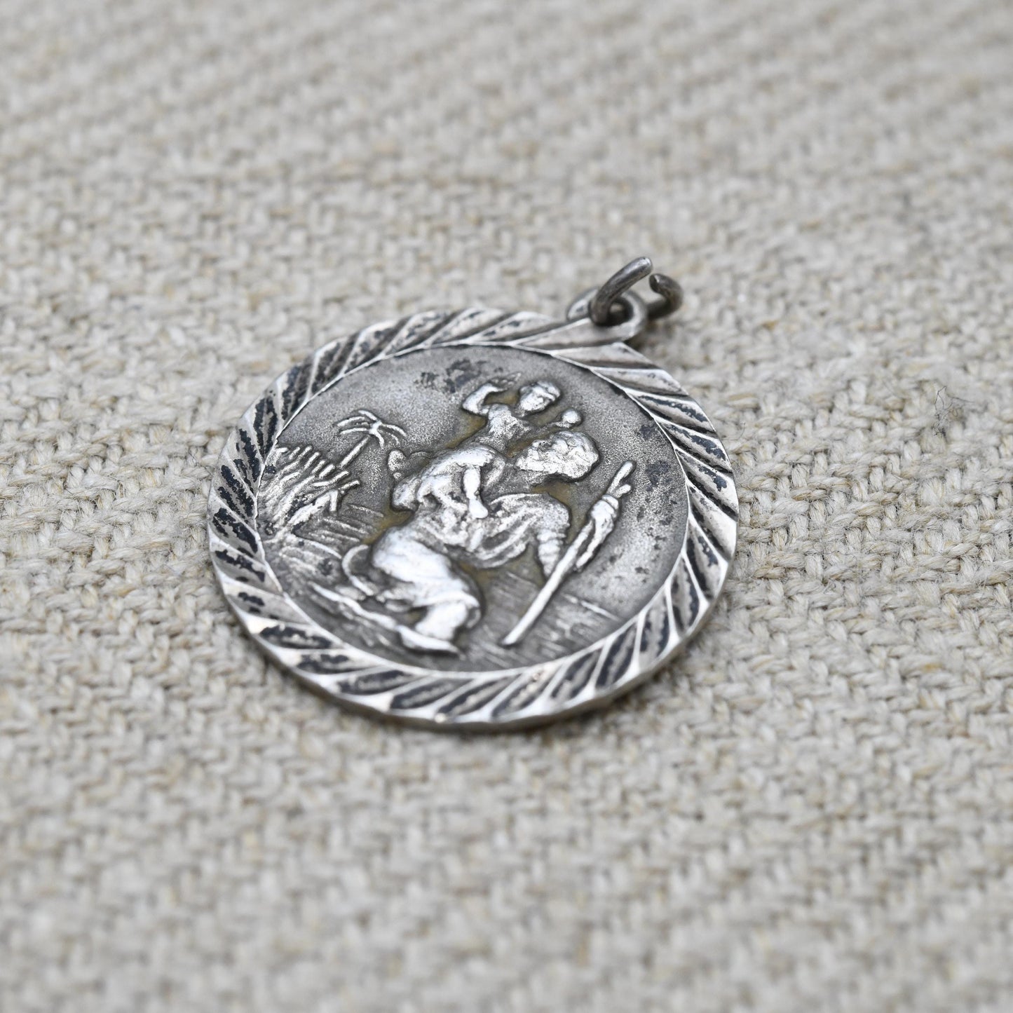 Vintage Sterling Silver St. Christopher Pendant - Embossed Relief | Circle Shape | Saint of Travelling | Religious Jewellery