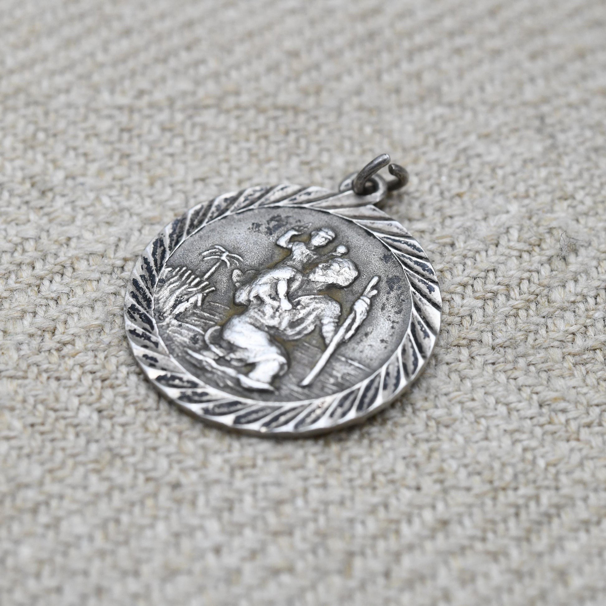Vintage Sterling Silver St. Christopher Pendant - Embossed Relief | Circle Shape | Saint of Travelling | Religious Jewellery