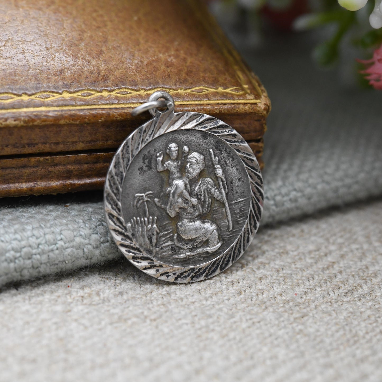 Vintage Sterling Silver St. Christopher Pendant - Embossed Relief | Circle Shape | Saint of Travelling | Religious Jewellery