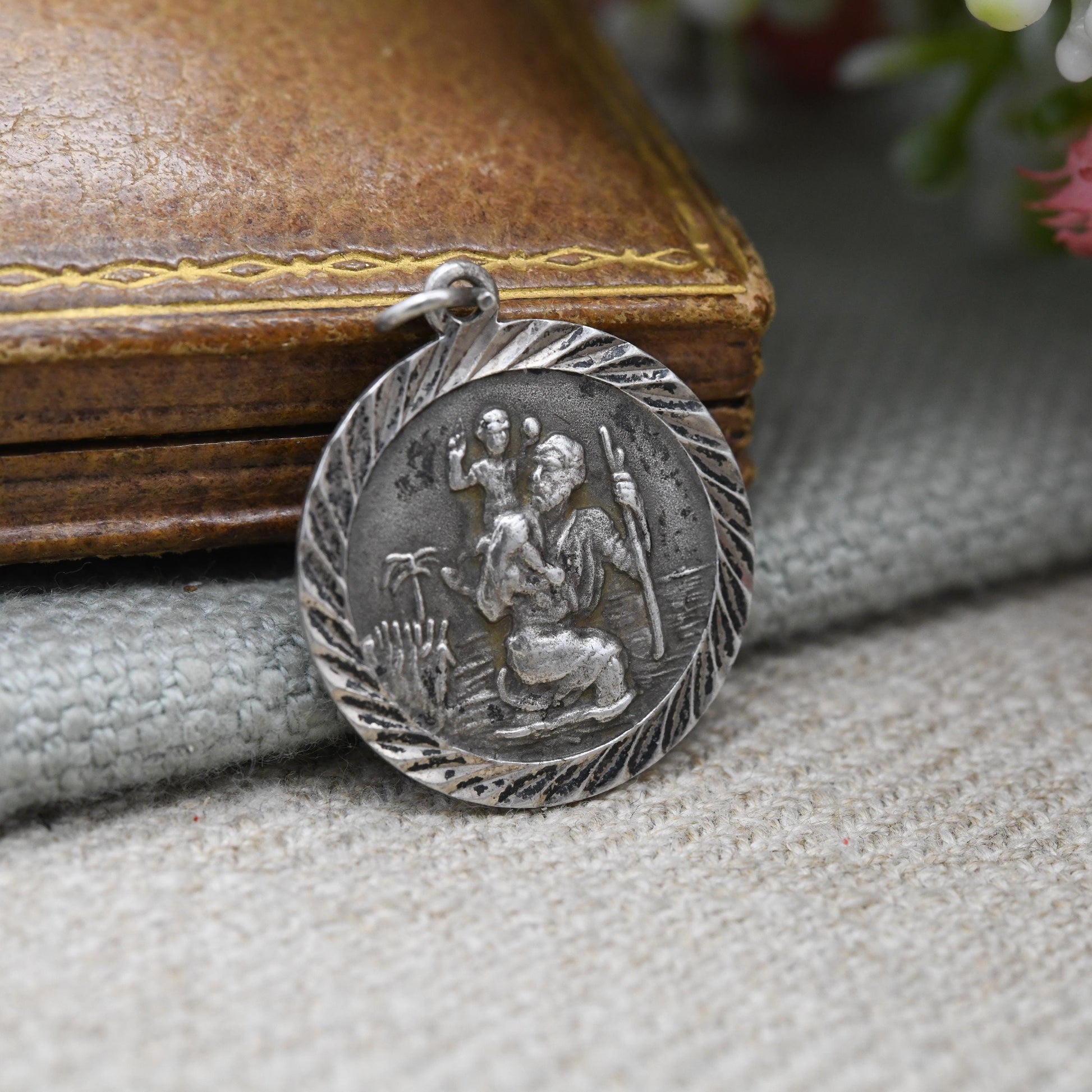 Vintage Sterling Silver St. Christopher Pendant - Embossed Relief | Circle Shape | Saint of Travelling | Religious Jewellery