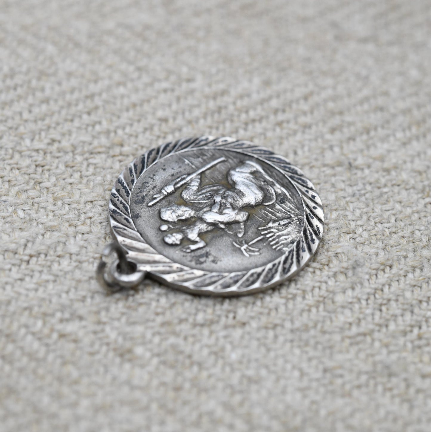 Vintage Sterling Silver St. Christopher Pendant - Embossed Relief | Circle Shape | Saint of Travelling | Religious Jewellery