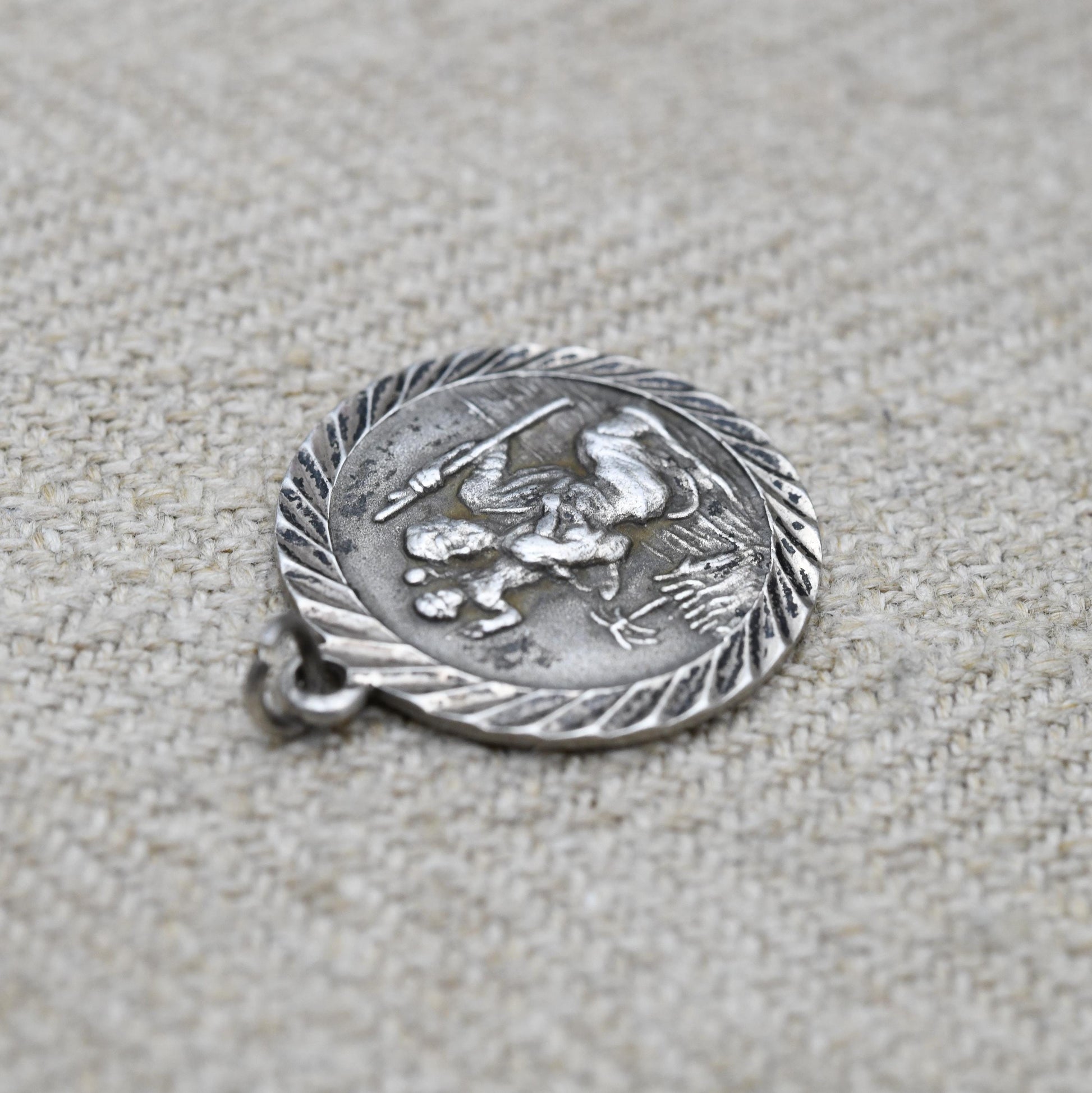 Vintage Sterling Silver St. Christopher Pendant - Embossed Relief | Circle Shape | Saint of Travelling | Religious Jewellery