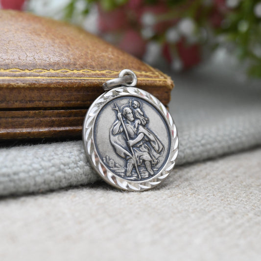 Vintage Sterling Silver St. Christopher Pendant - Embossed Relief | Circle | Saint of Travelling | Religious Jewellery