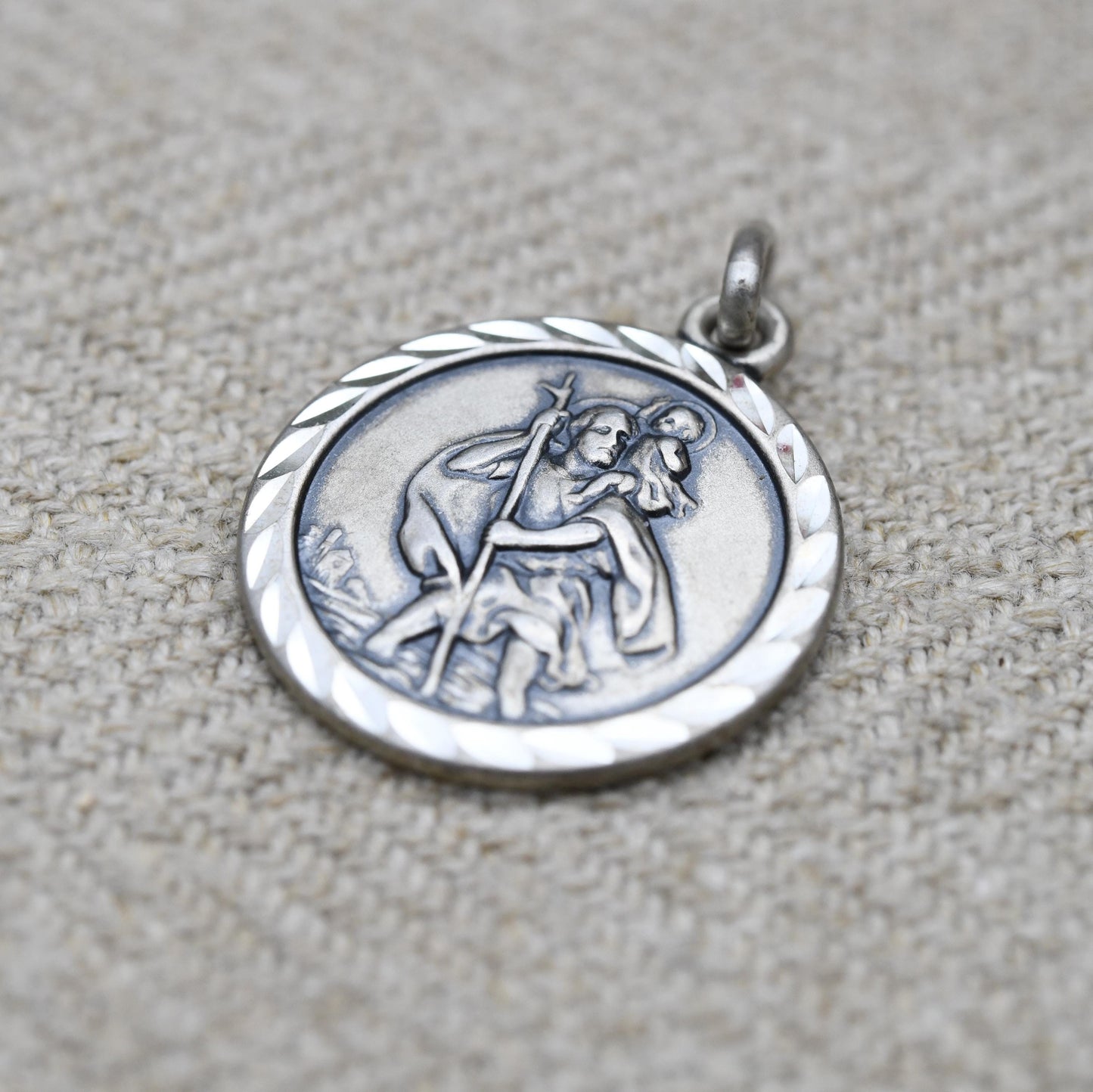Vintage Sterling Silver St. Christopher Pendant - Embossed Relief | Circle | Saint of Travelling | Religious Jewellery