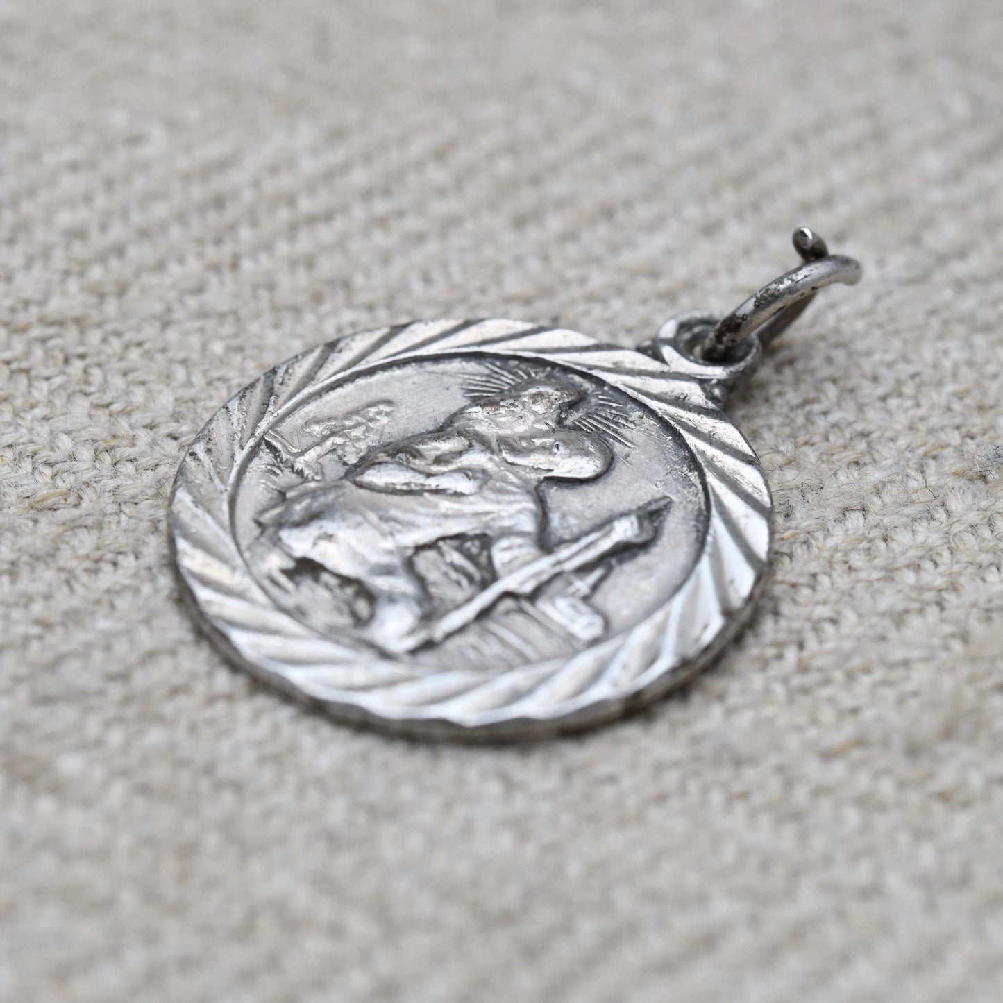 Vintage Sterling Silver St. Christopher Pendant - Embossed Relief | Circle | Saint of Travelling | Religious Jewellery