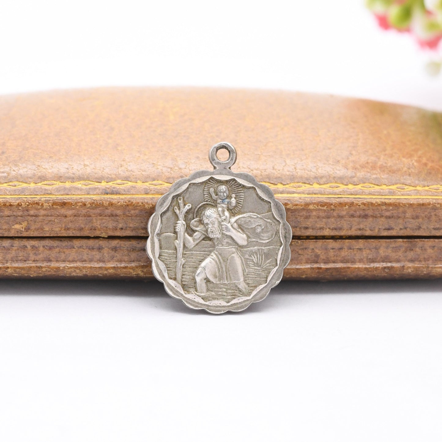 Vintage Sterling Silver St. Christopher Pendant - Embossed Relief | Ridged Border | Circle | Saint of Travelling | Religious Jewellery