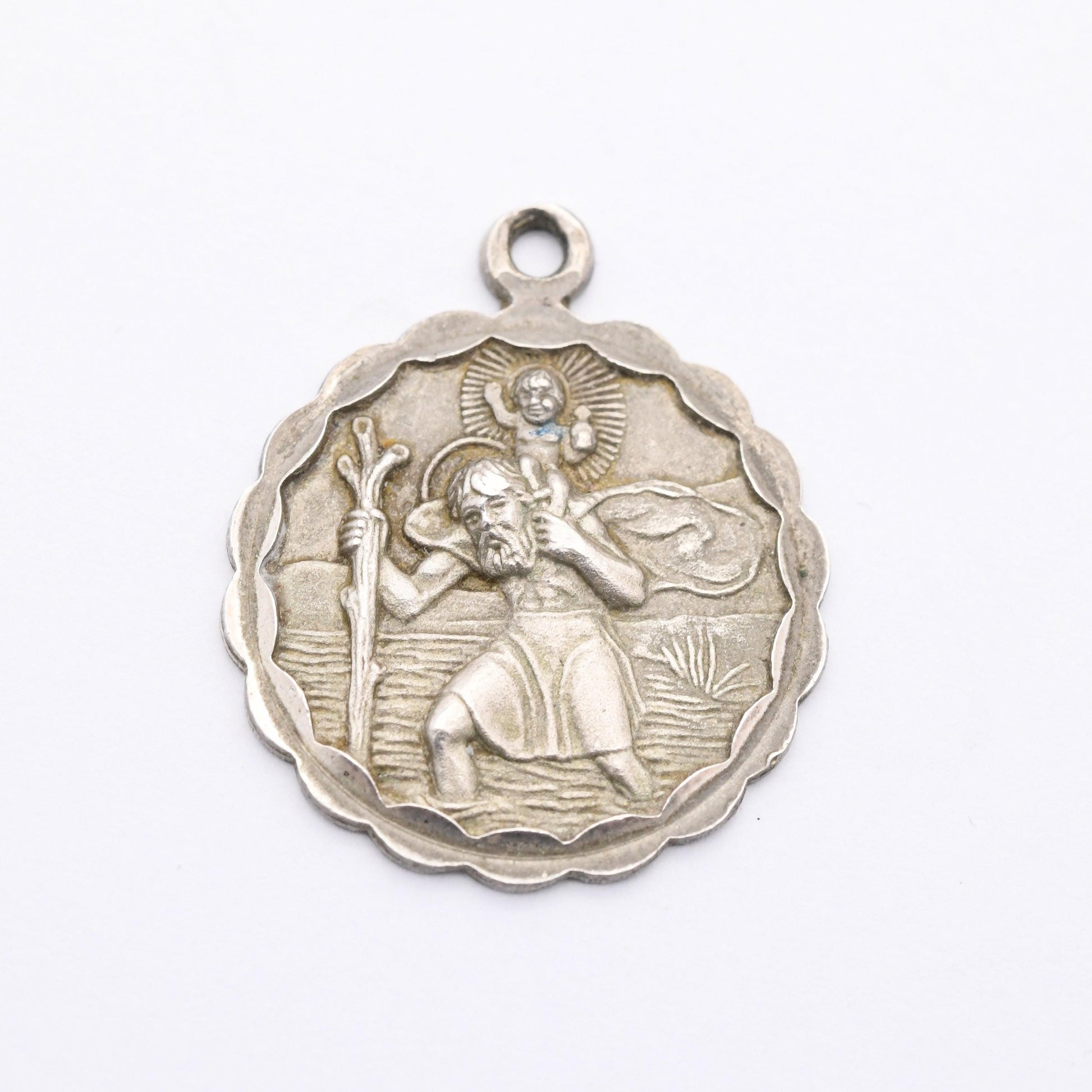 Vintage Sterling Silver St. Christopher Pendant - Embossed Relief | Ridged Border | Circle | Saint of Travelling | Religious Jewellery