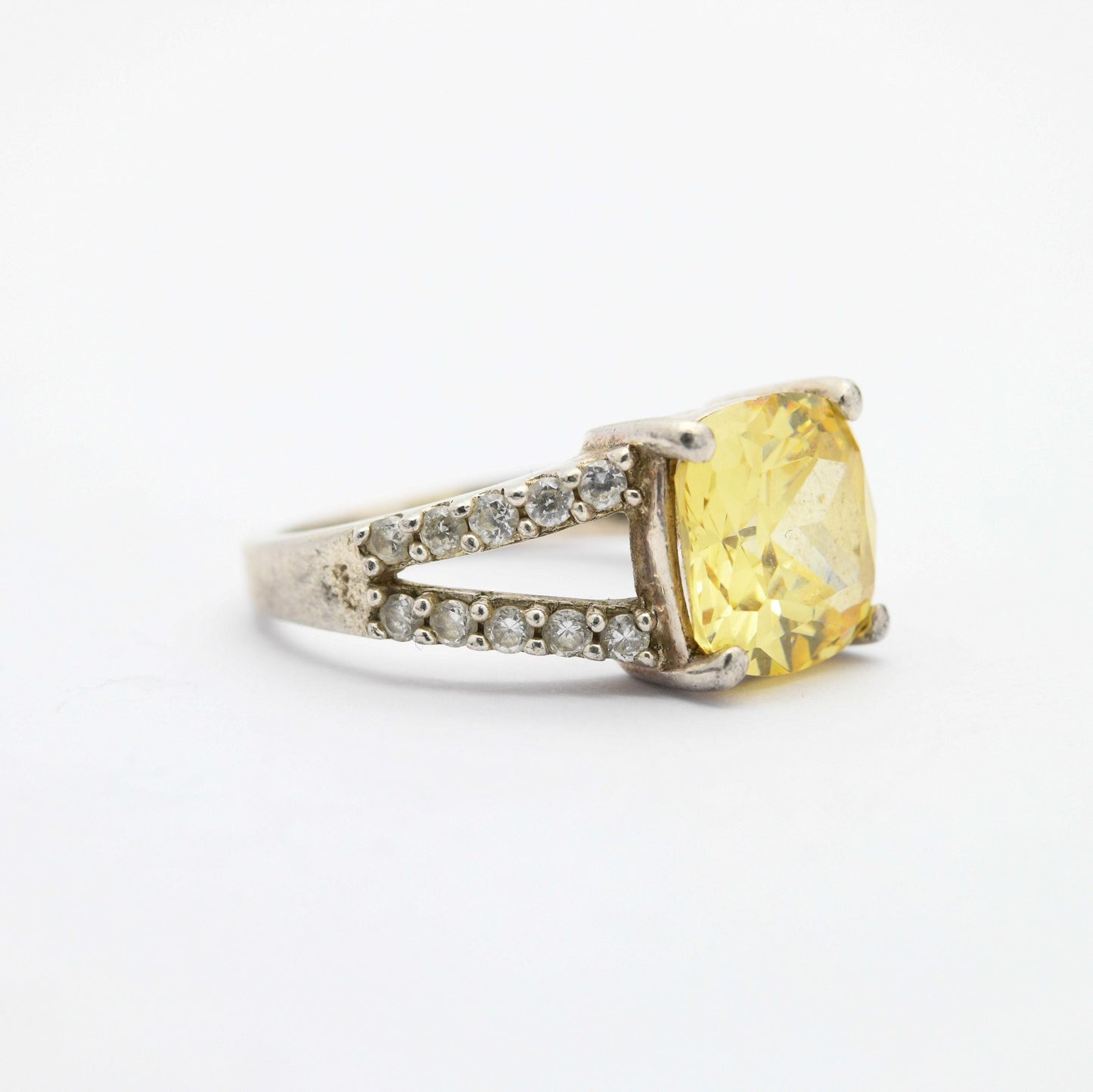 Vintage Sterling Silver Yellow CZ Stone Ring - Clear Stone Decoration | Pretty Gift for Her | UK Size - O | US Size - 7 1/4