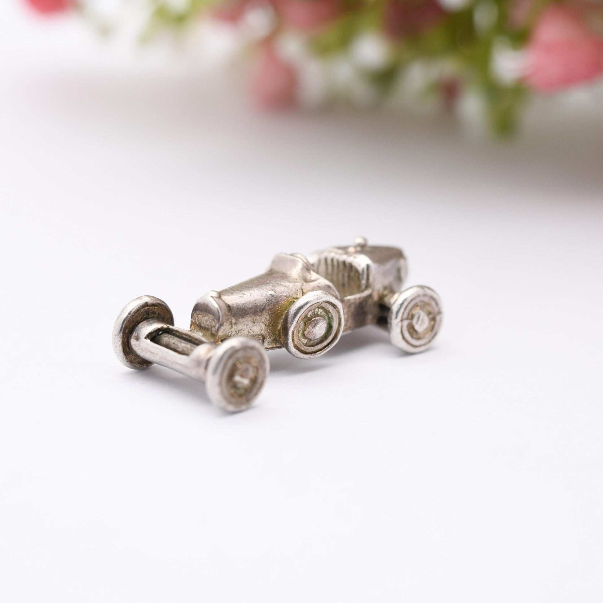 Vintage Sterling Silver Old Race Car Charm Pendant - Formula 1 Car Charm | Moving Wheels | Gift for Charm Bracelet