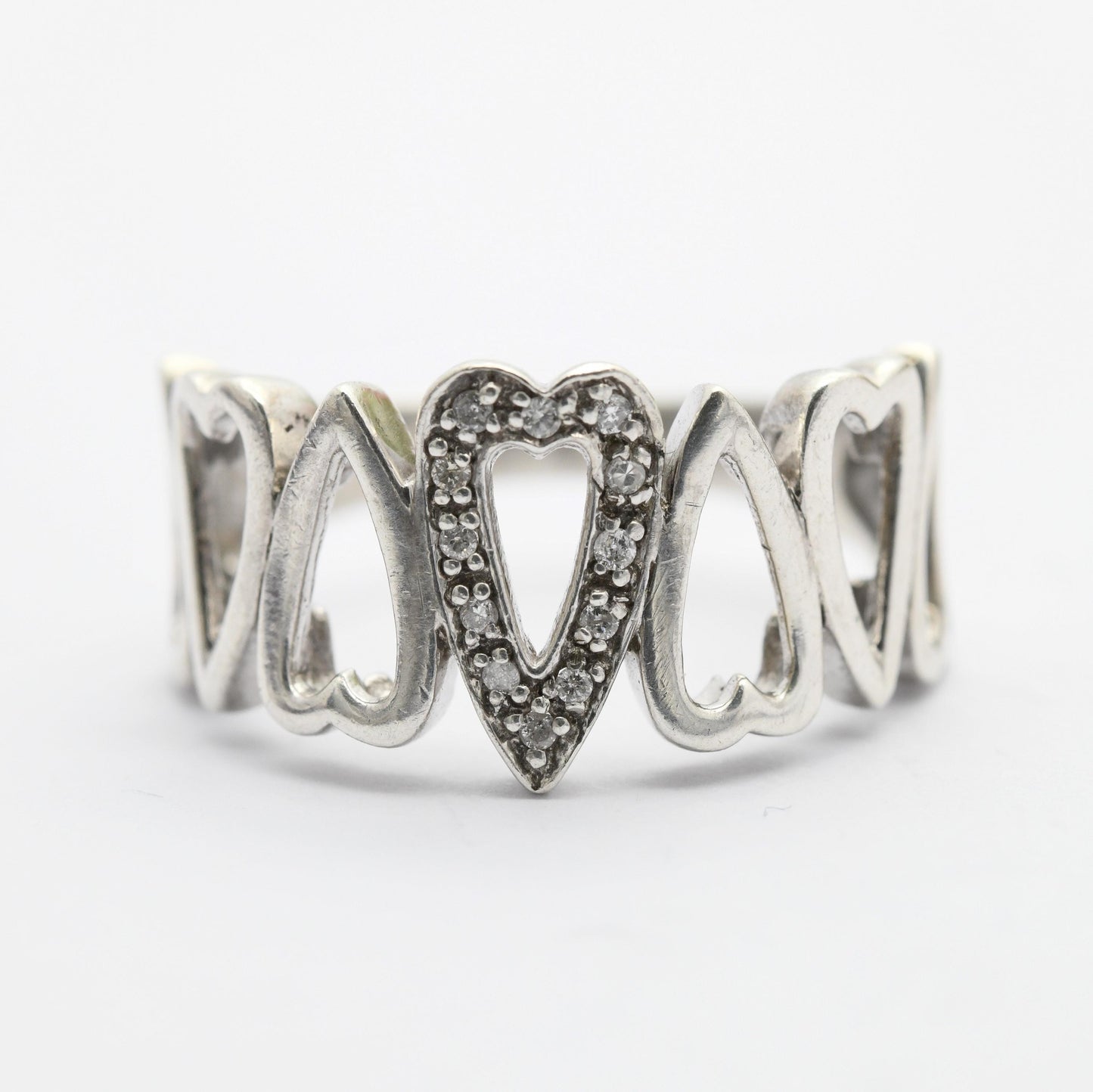 Vintage Sterling Silver Heart Band Ring - Openwork Cut-Out Hearts | Friendship | Love | Clear Stones | UK Size - Q 1/2 | US Size - 8 1/2