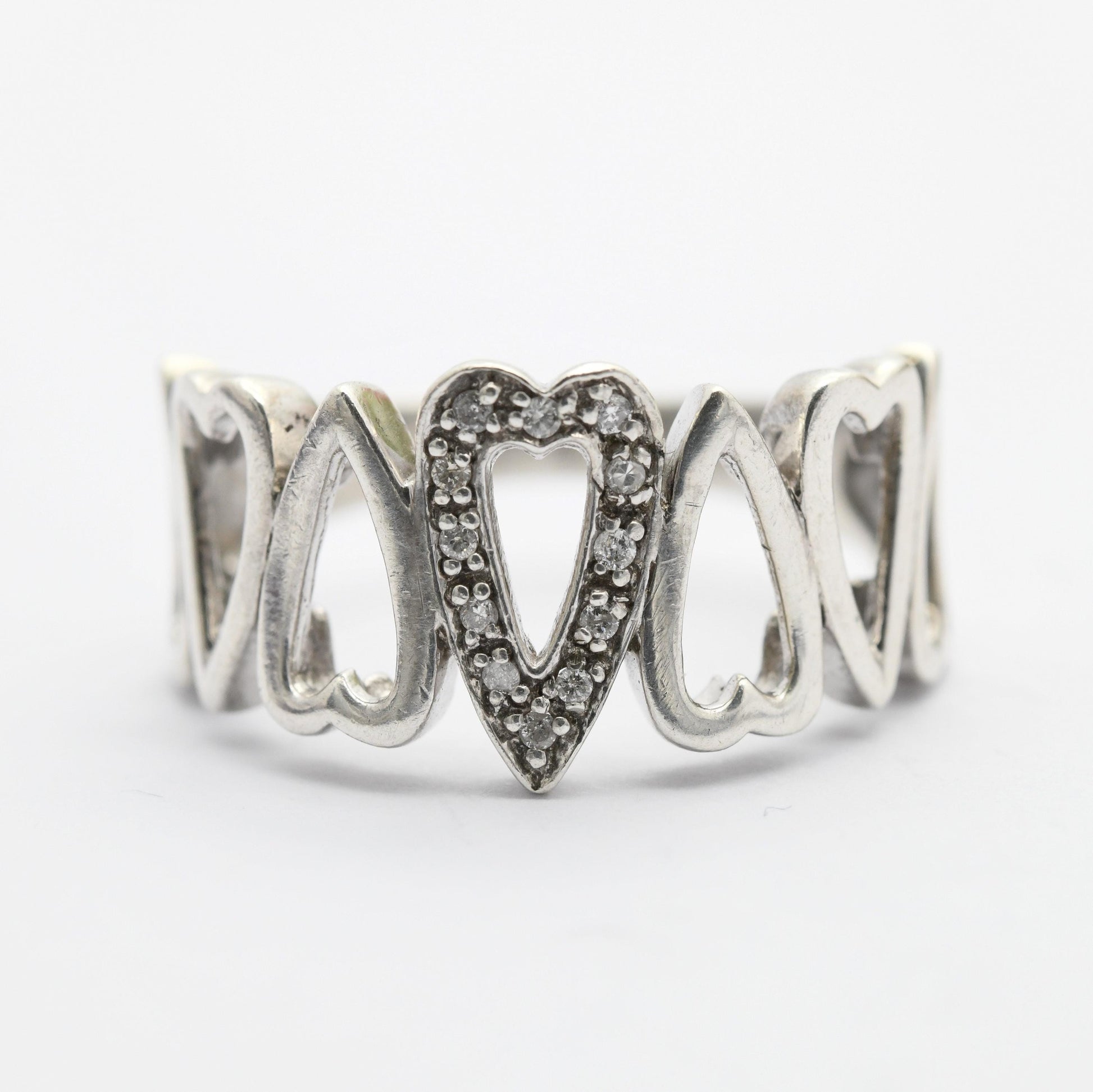 Vintage Sterling Silver Heart Band Ring - Openwork Cut-Out Hearts | Friendship | Love | Clear Stones | UK Size - Q 1/2 | US Size - 8 1/2