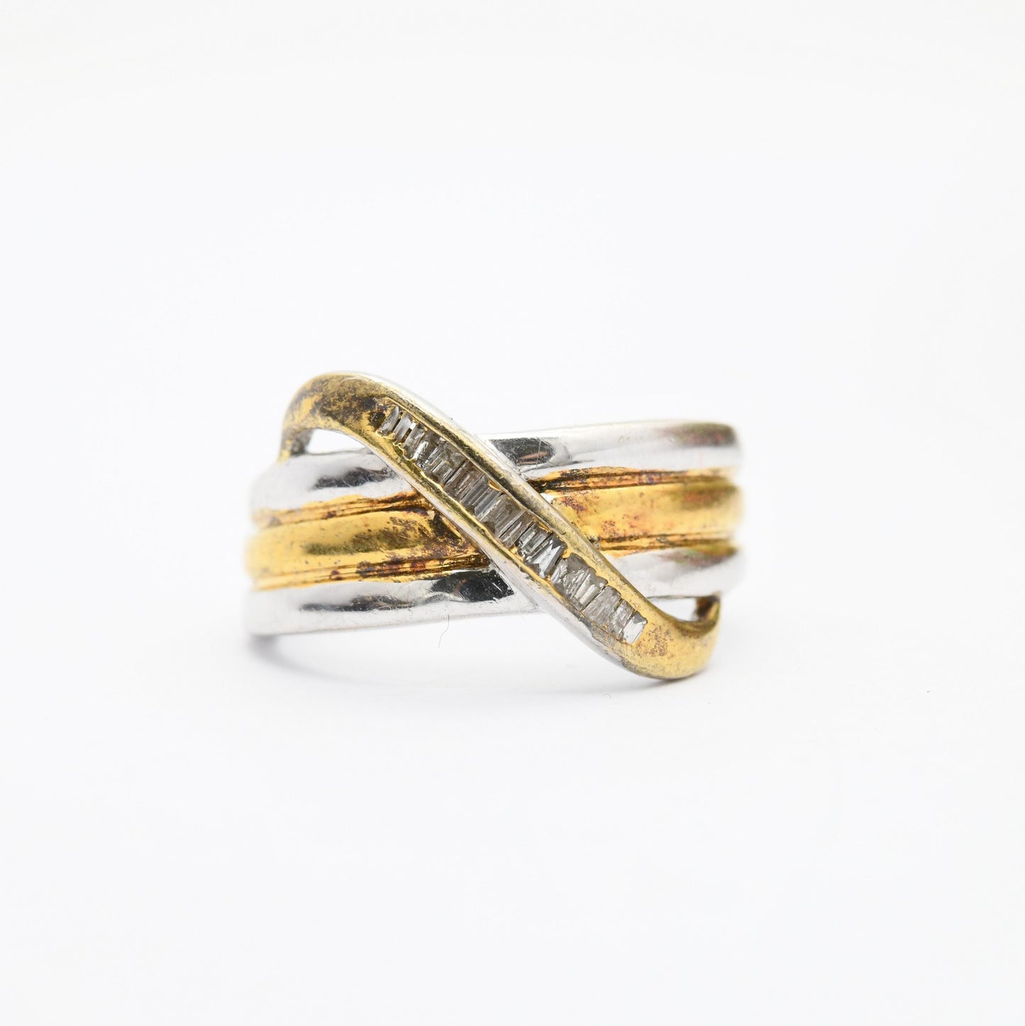 Vintage Sterling Silver and Gold Plated Two Tone Wave Form Ring - Clear Stone Channel Setting Decoration | UK Size - M 1/2 | US Size - 7 1/2