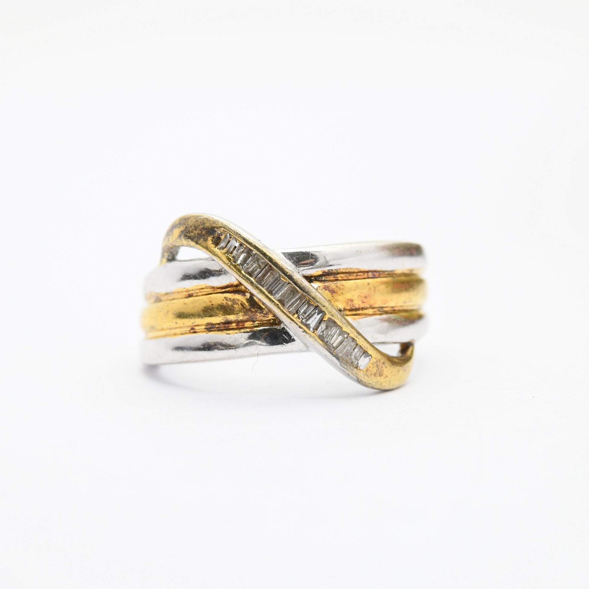 Vintage Sterling Silver and Gold Plated Two Tone Wave Form Ring - Clear Stone Channel Setting Decoration | UK Size - M 1/2 | US Size - 7 1/2