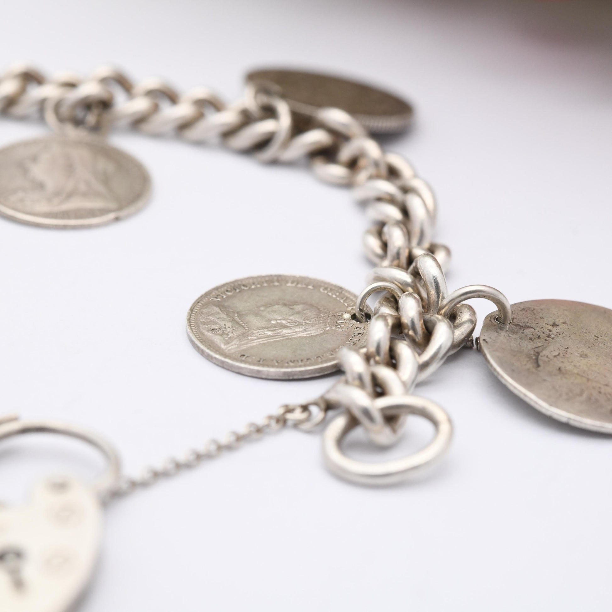 Vintage Silver Coin Charm Bracelet 1961 with Antique Silver Coins - Curb Link | Antique British Coins 1891 Victorian | 8 Coin Collection