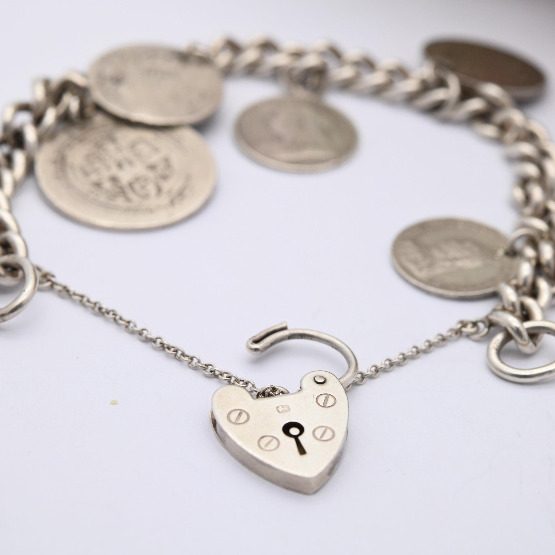 Vintage Silver Coin Charm Bracelet 1961 with Antique Silver Coins - Curb Link | Antique British Coins 1891 Victorian | 8 Coin Collection