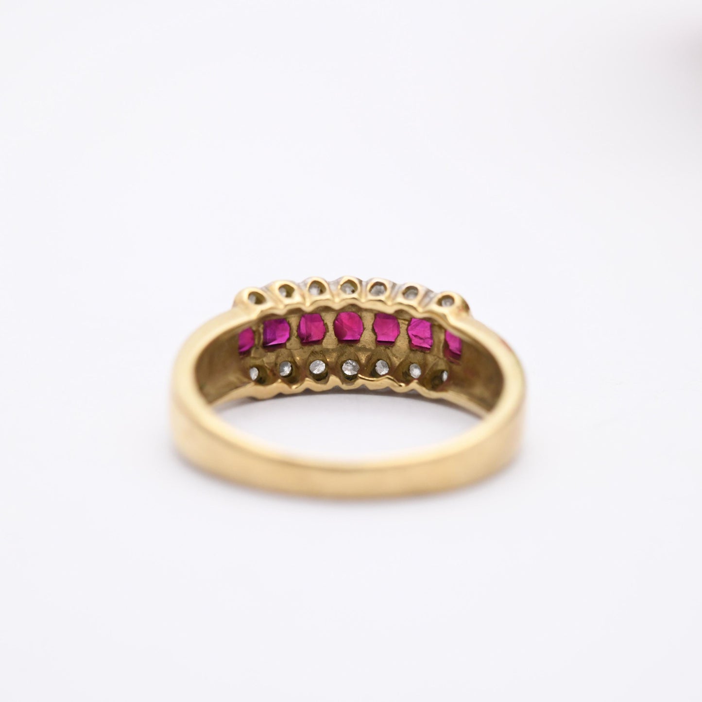 Vintage 9ct Gold Ruby Diamond Half Hoop Ring 1980's - Beautiful Flush Set Channel Rugby Ring | Bevel Diamond | UK Size - M | US Size - 6 1/2