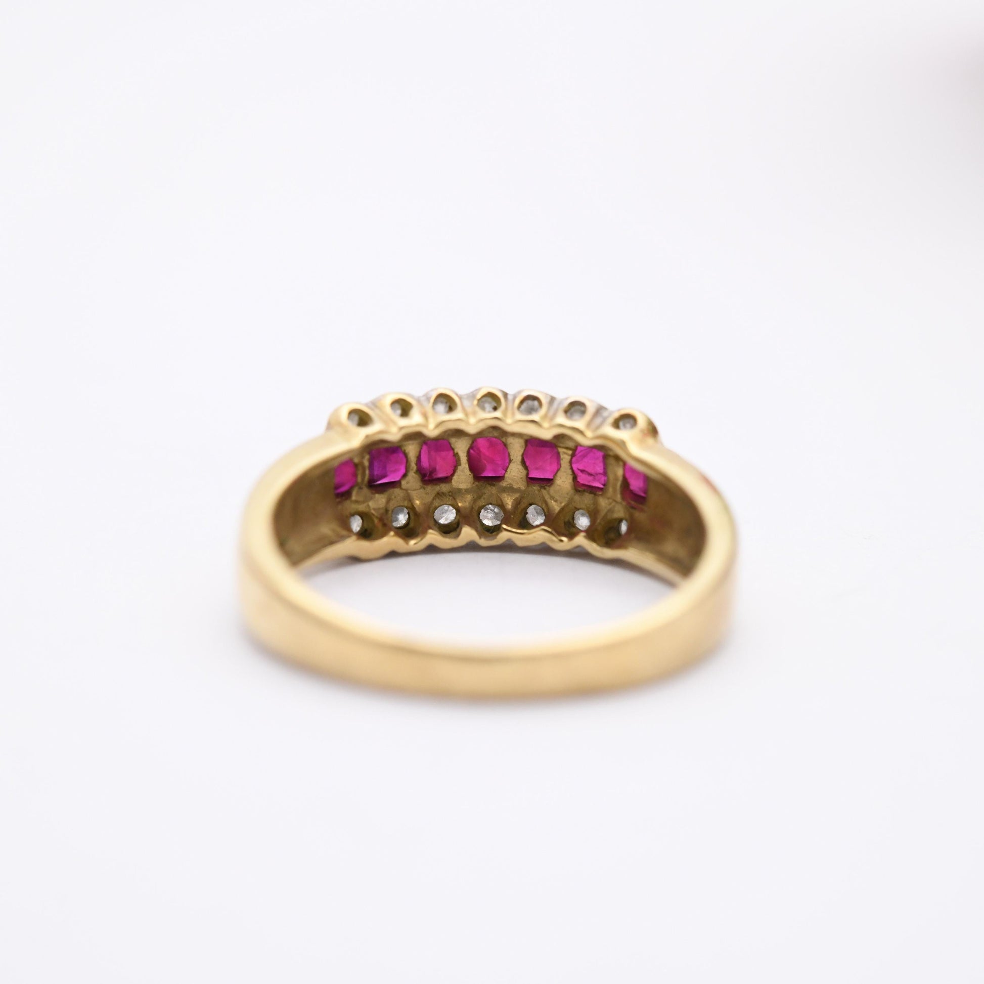 Vintage 9ct Gold Ruby Diamond Half Hoop Ring 1980's - Beautiful Flush Set Channel Rugby Ring | Bevel Diamond | UK Size - M | US Size - 6 1/2