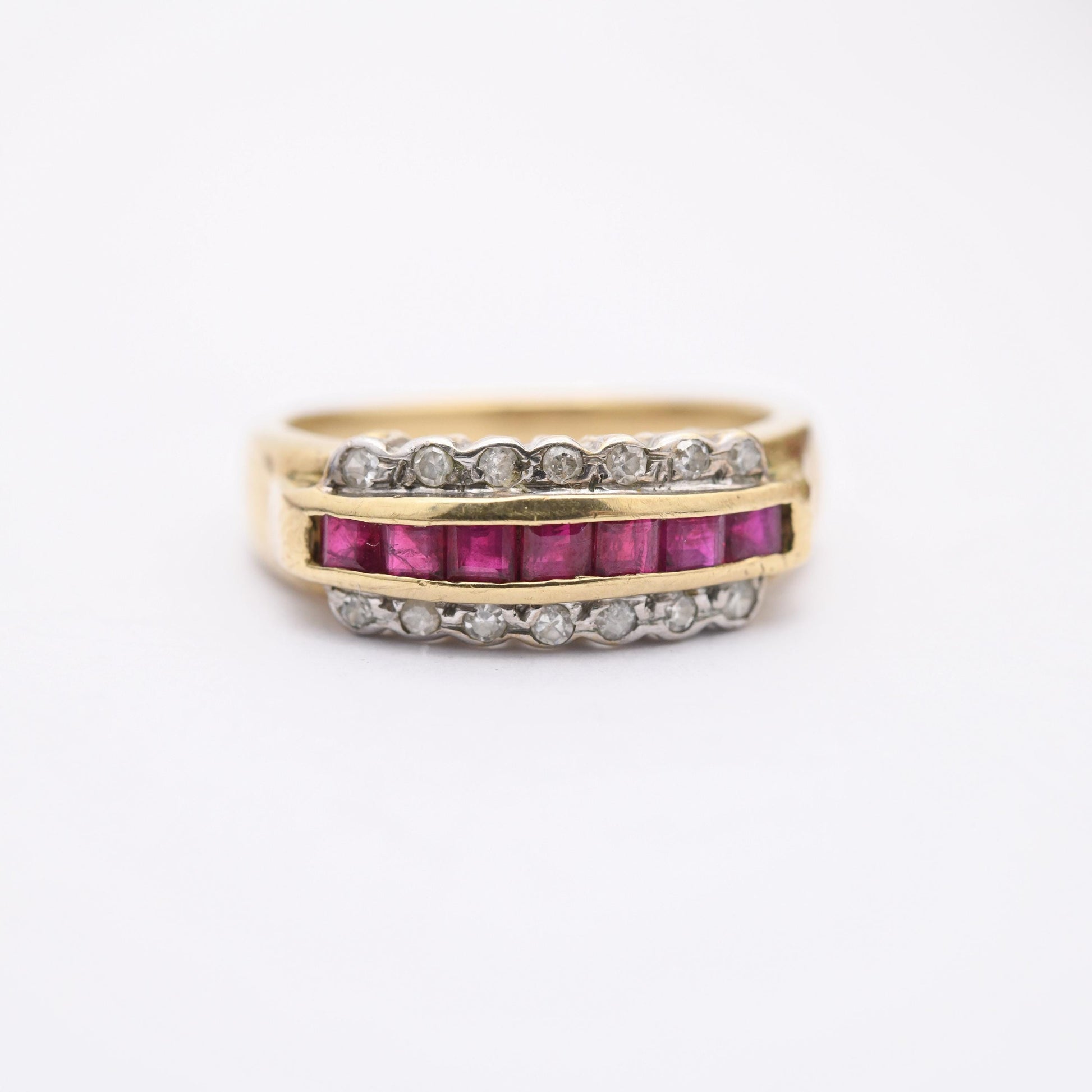 Vintage 9ct Gold Ruby Diamond Half Hoop Ring 1980's - Beautiful Flush Set Channel Rugby Ring | Bevel Diamond | UK Size - M | US Size - 6 1/2