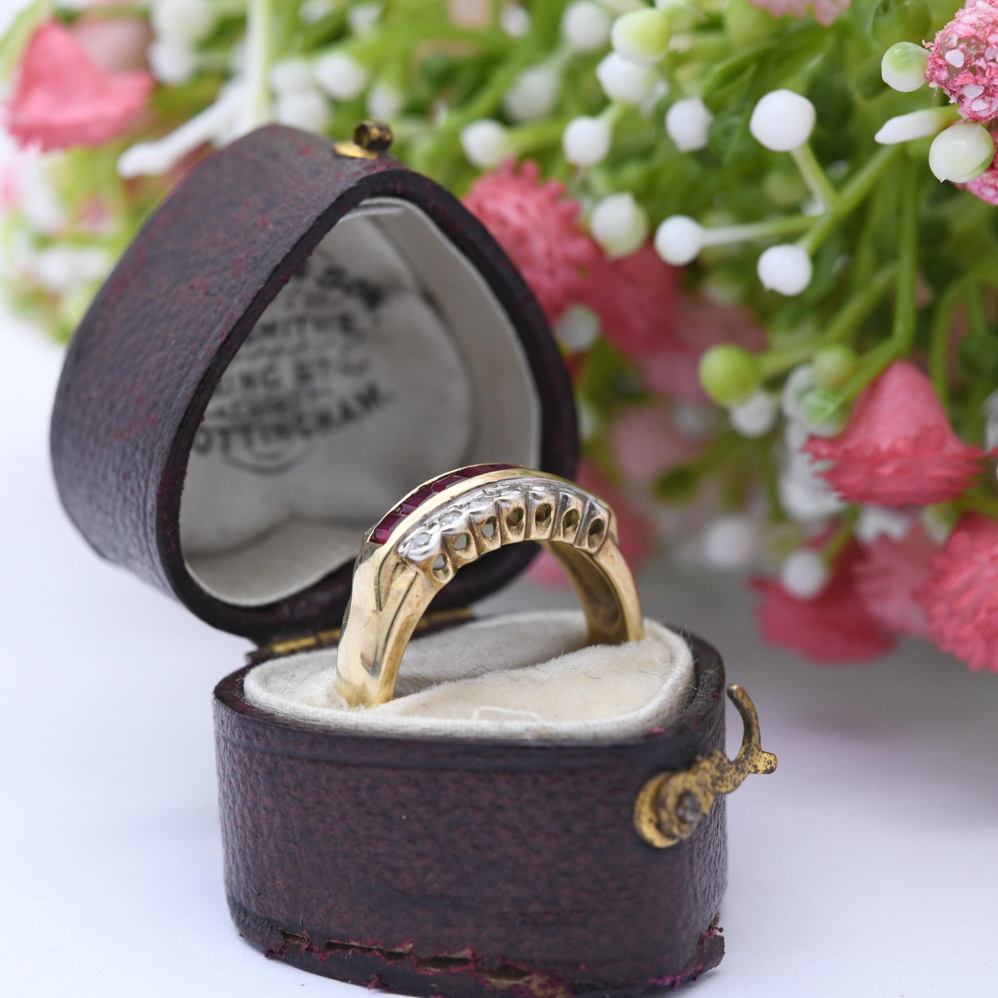 Vintage 9ct Gold Ruby Diamond Half Hoop Ring 1980's - Beautiful Flush Set Channel Rugby Ring | Bevel Diamond | UK Size - M | US Size - 6 1/2